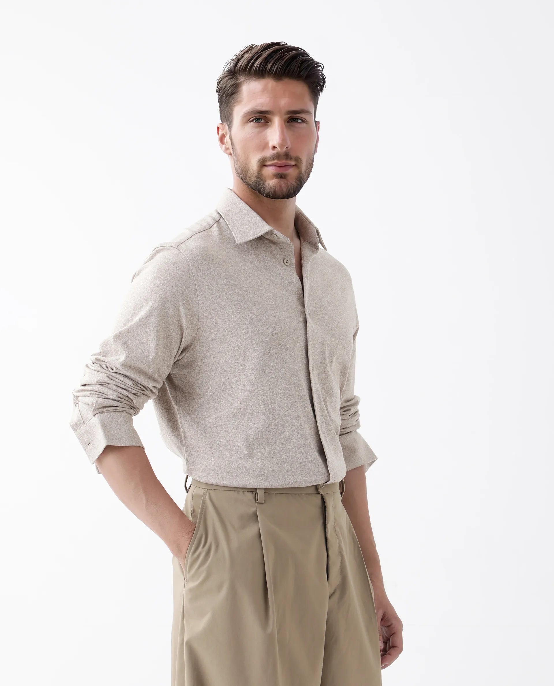 Rare Rabbit Men's Ekel Light Beige Cotton Blend Plain Regular Fit Full Sleeve Collared Shirt