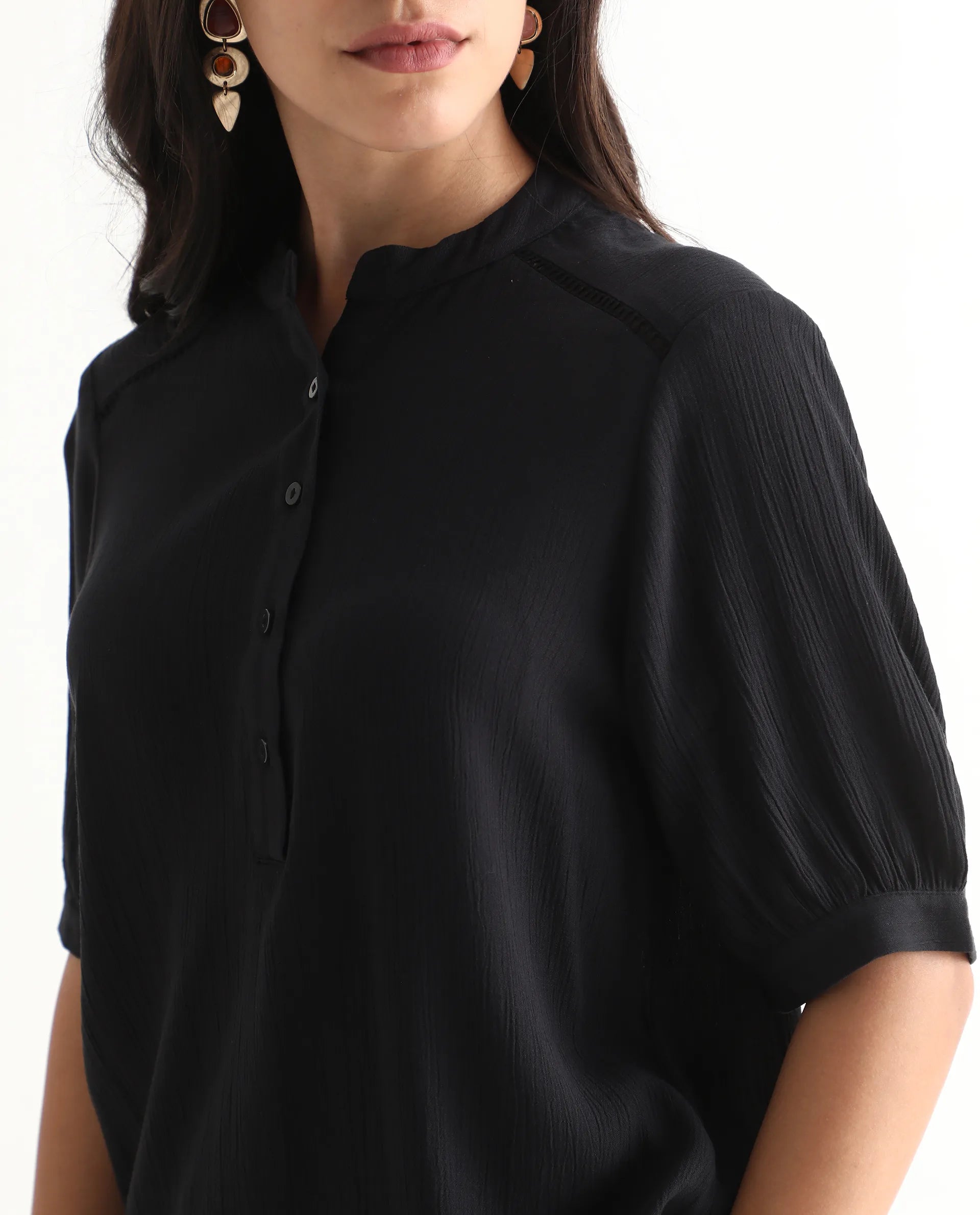 Rareism Women's Elane Black 100% Viscose Bishop Sleeve Mandarin Collar Regular Fit Plain Top