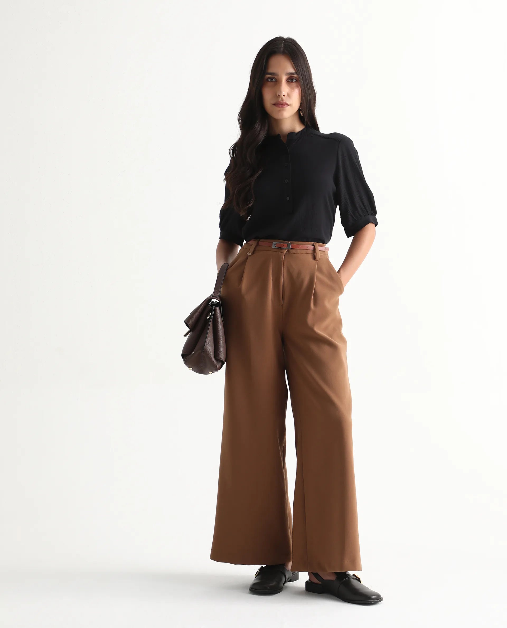 Rareism Women's Elane Black 100% Viscose Bishop Sleeve Mandarin Collar Regular Fit Plain Top