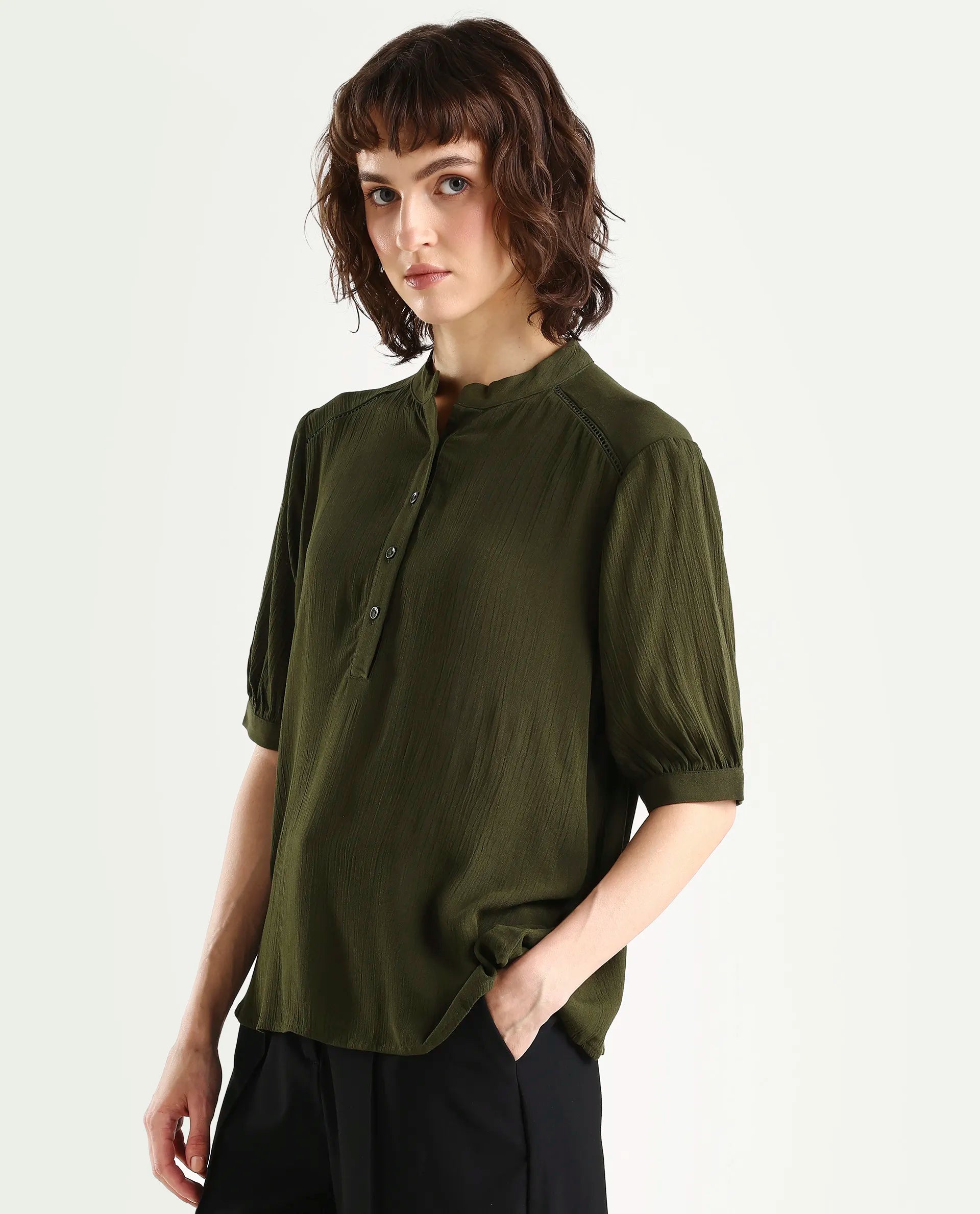 Rareism Women's Elane Olive Viscose Half Sleeve Regular Fit Plain Top