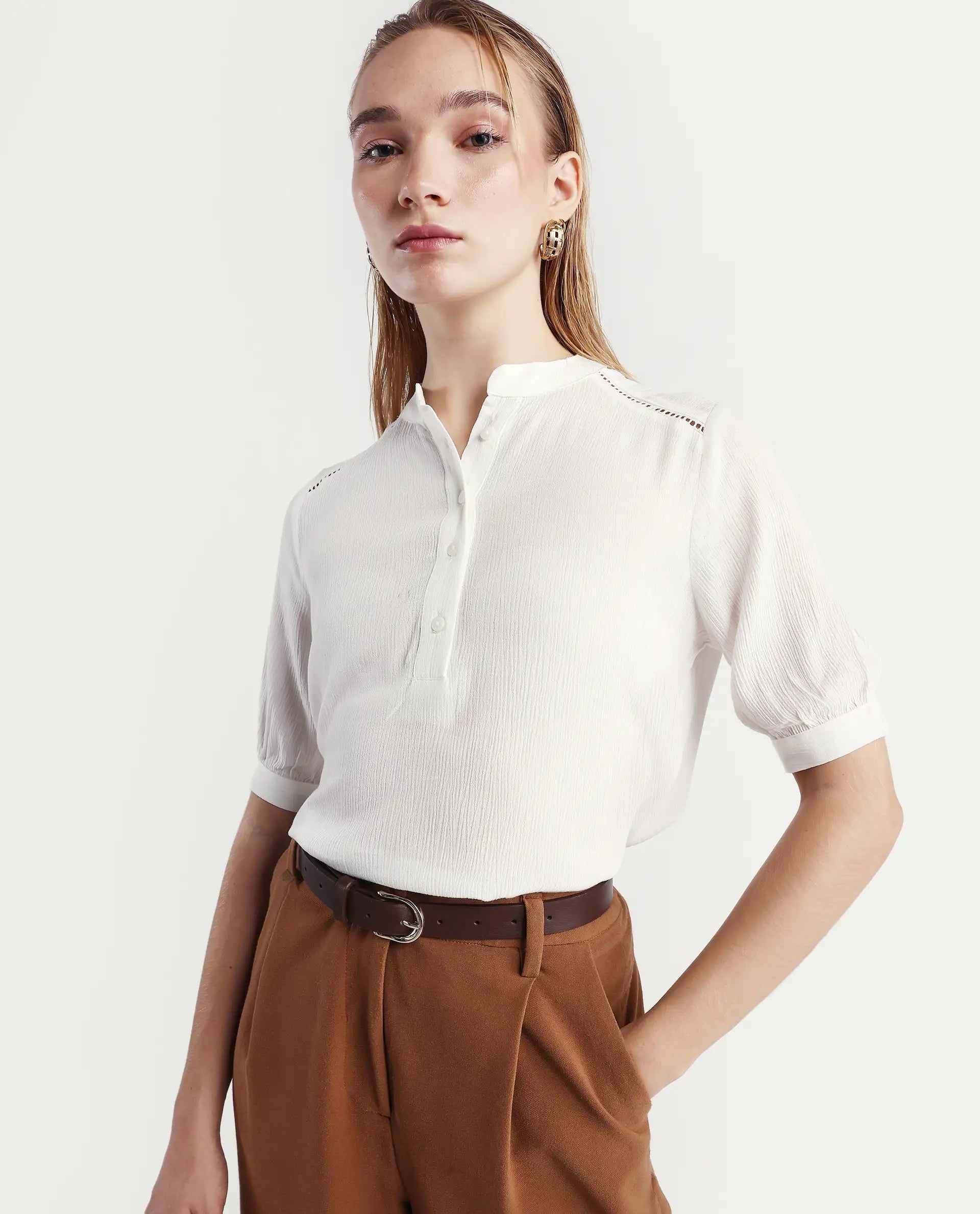 Rareism Women's Elane White Viscose Mandarin Collar Regular Fit Plain Top