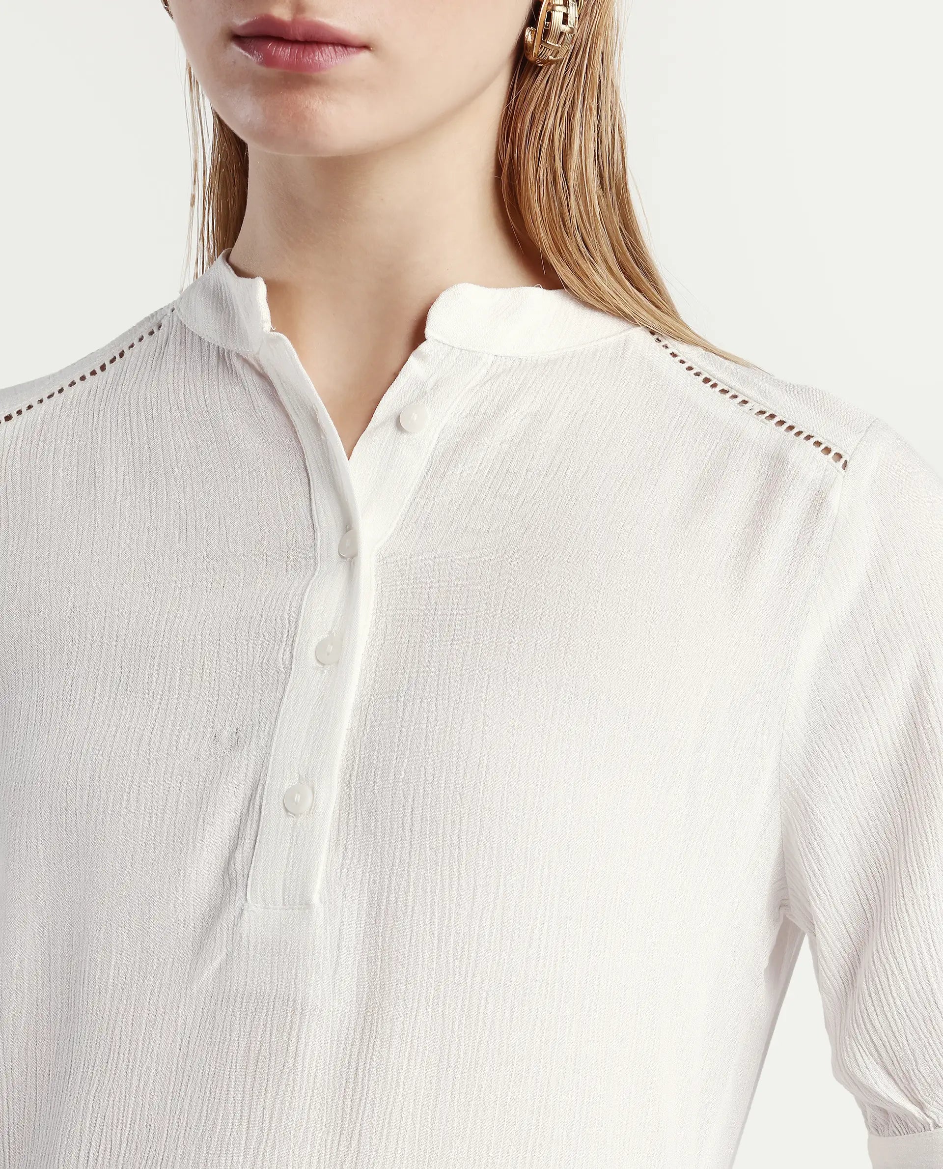 Rareism Women's Elane White Viscose Mandarin Collar Regular Fit Plain Top