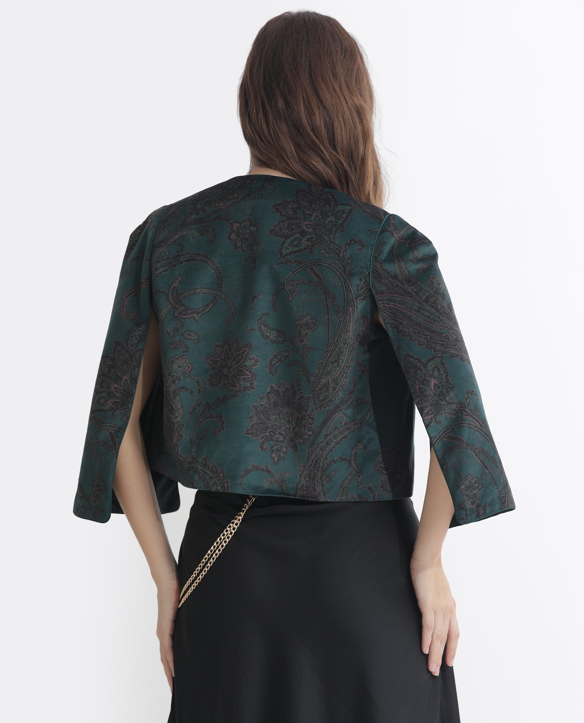 Rareism Women Elani Green Velvet Fabric 3/4Th Sleeves Cape Sleeve Regular Fit Floral Print Shrug