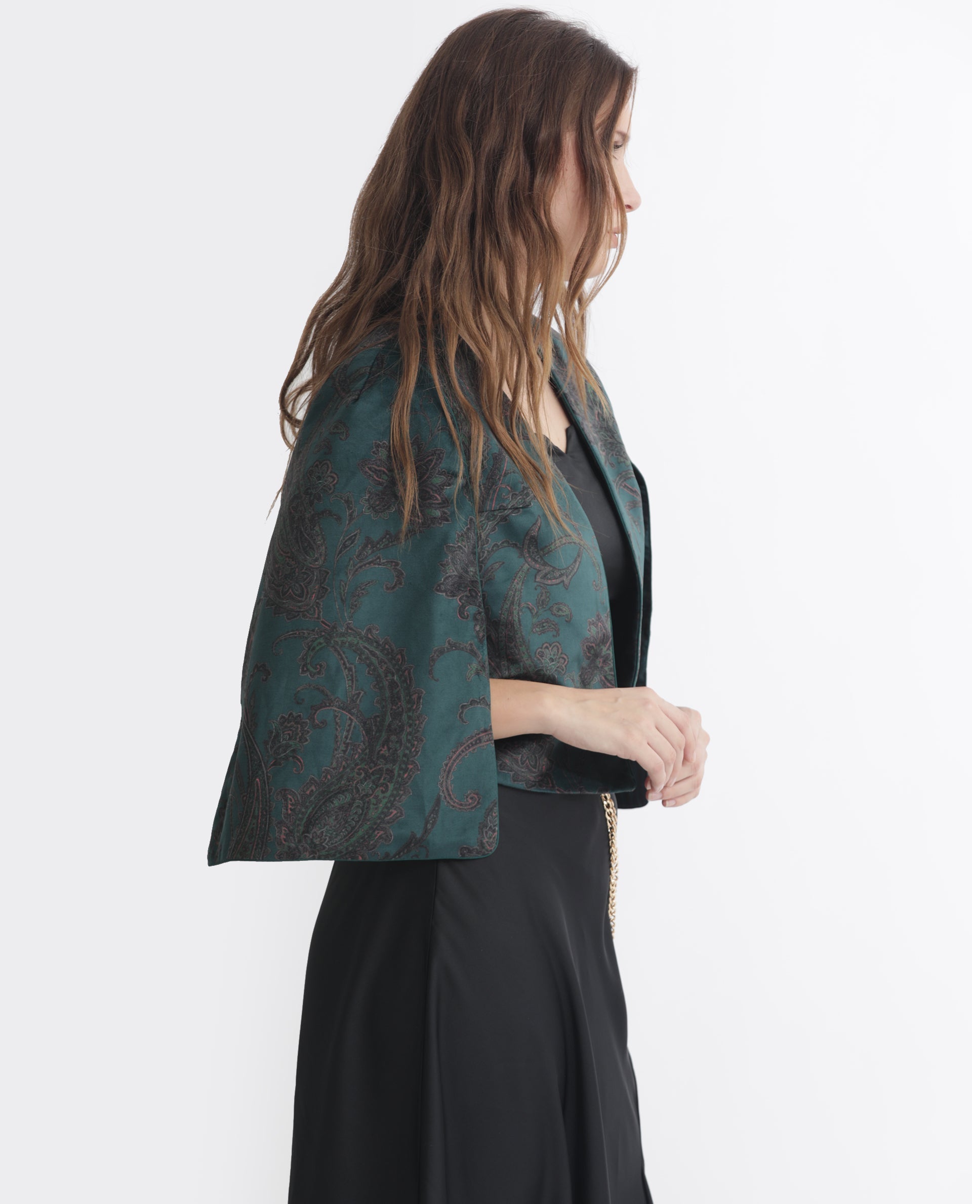 Rareism Women Elani Green Velvet Fabric 3/4Th Sleeves Cape Sleeve Regular Fit Floral Print Shrug