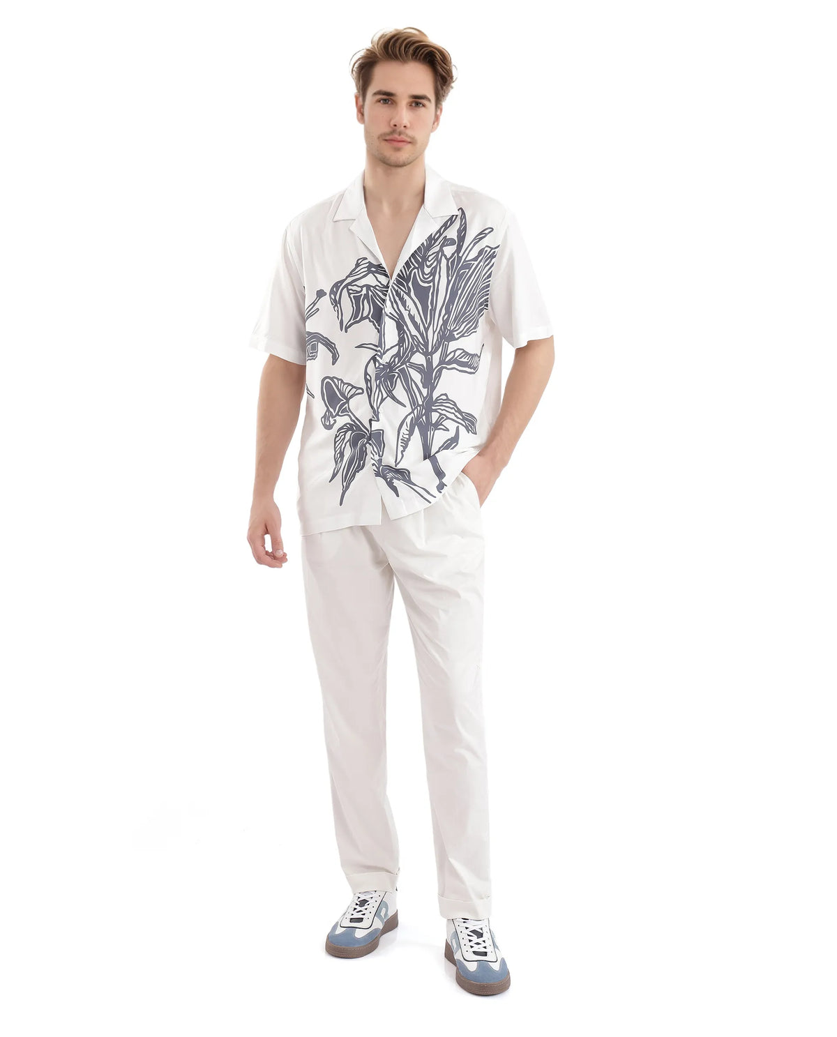 Rare Rabbit Men's Elan White Cotton Fabric Cuban Collared Floral Printed Boxy Fit Shirt