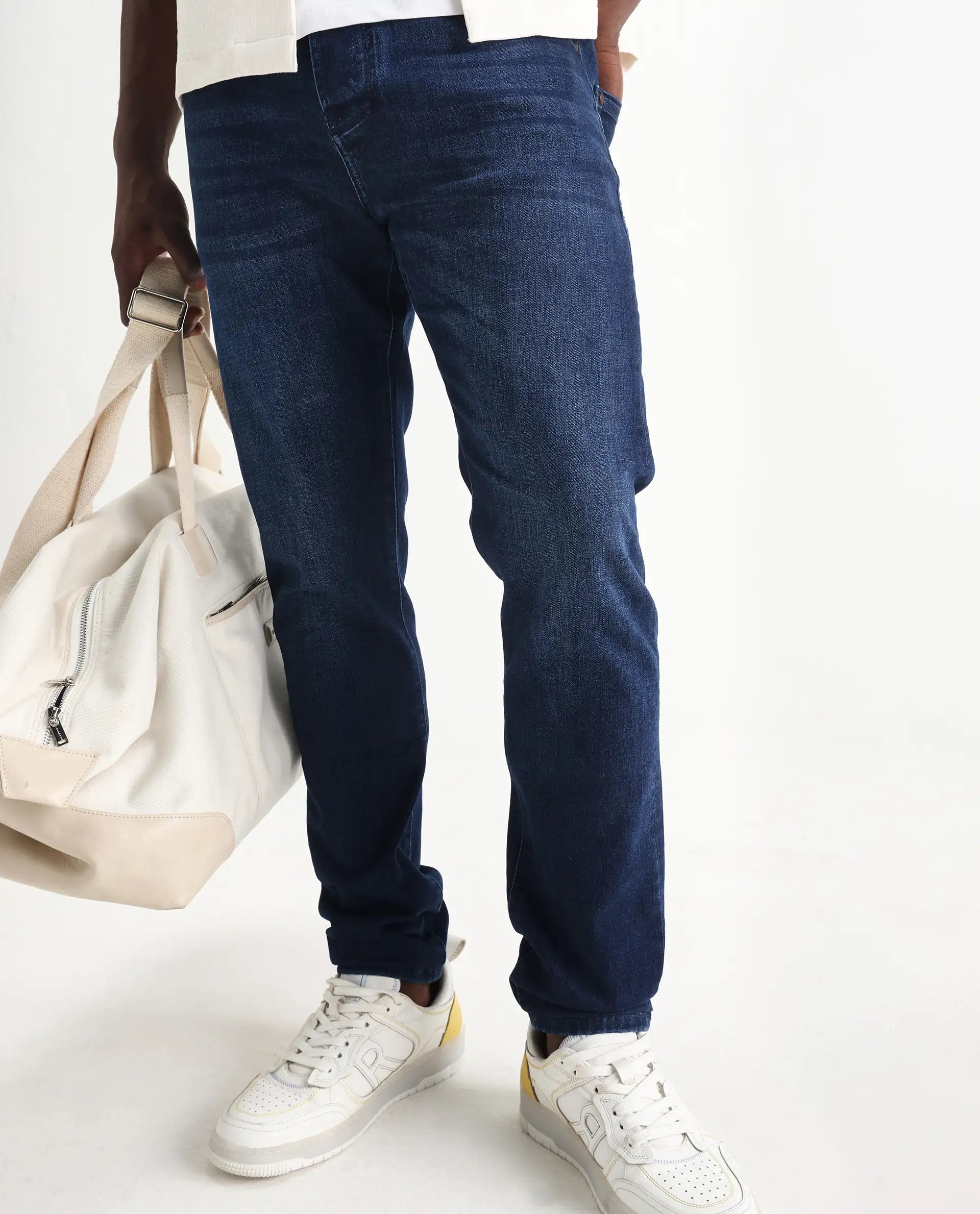 Rare Rabbit Men's Elanza Blue Cotton Blend Plain Morris Regular Fit Jeans