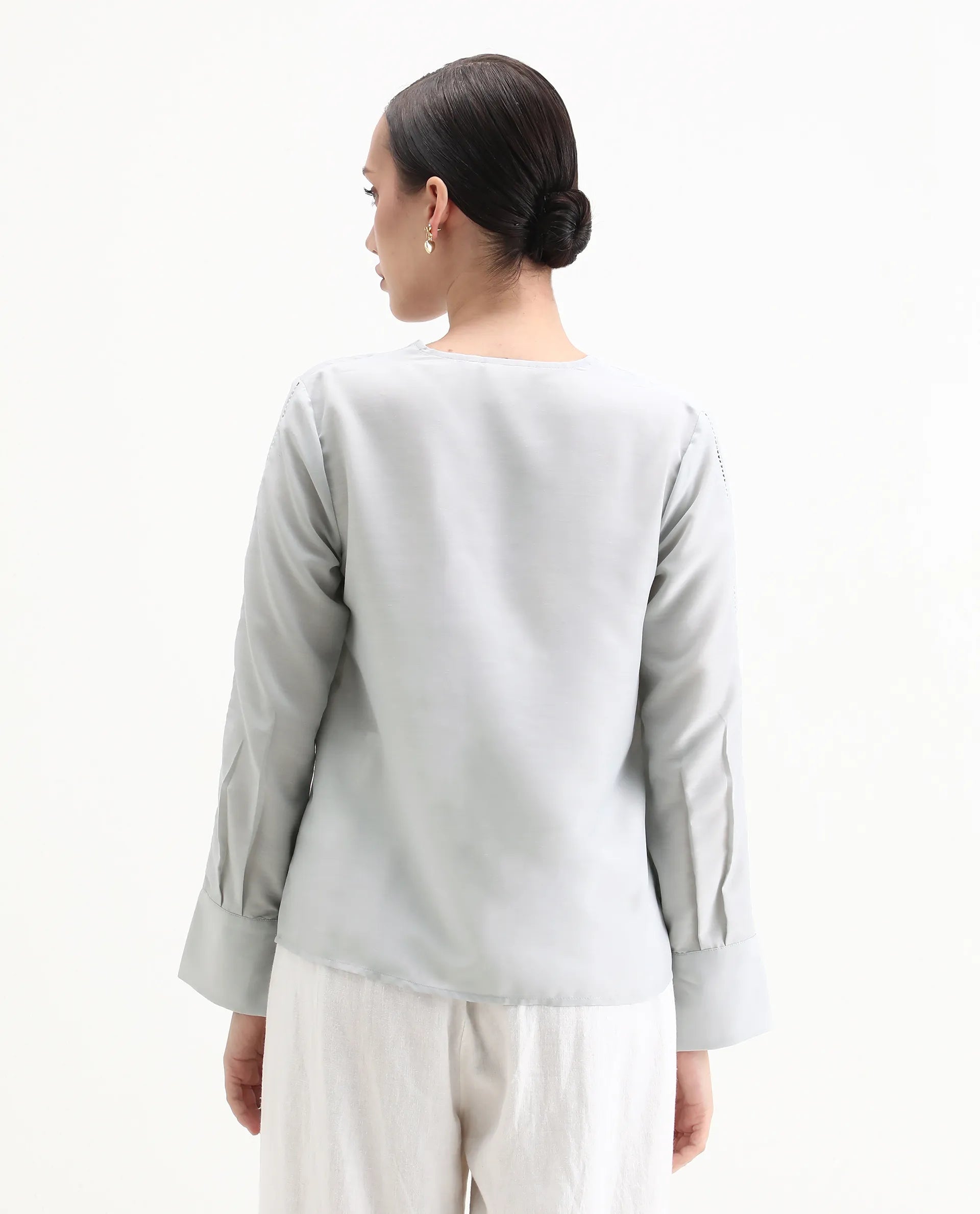 Rareism Women's Elapo Grey Polyester Cuffed Sleeve V-Neck Regular Fit Plain Top