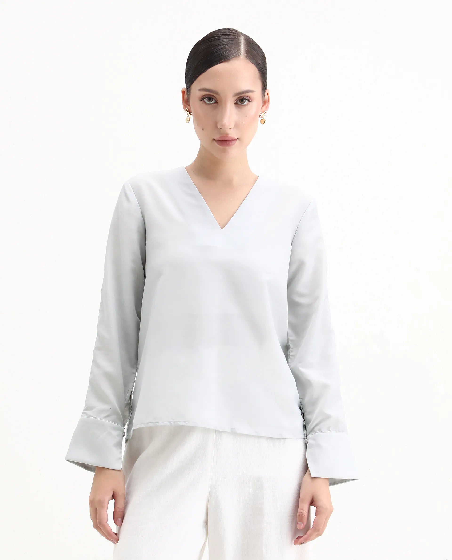 Rareism Women's Elapo Grey Polyester Cuffed Sleeve V-Neck Regular Fit Plain Top