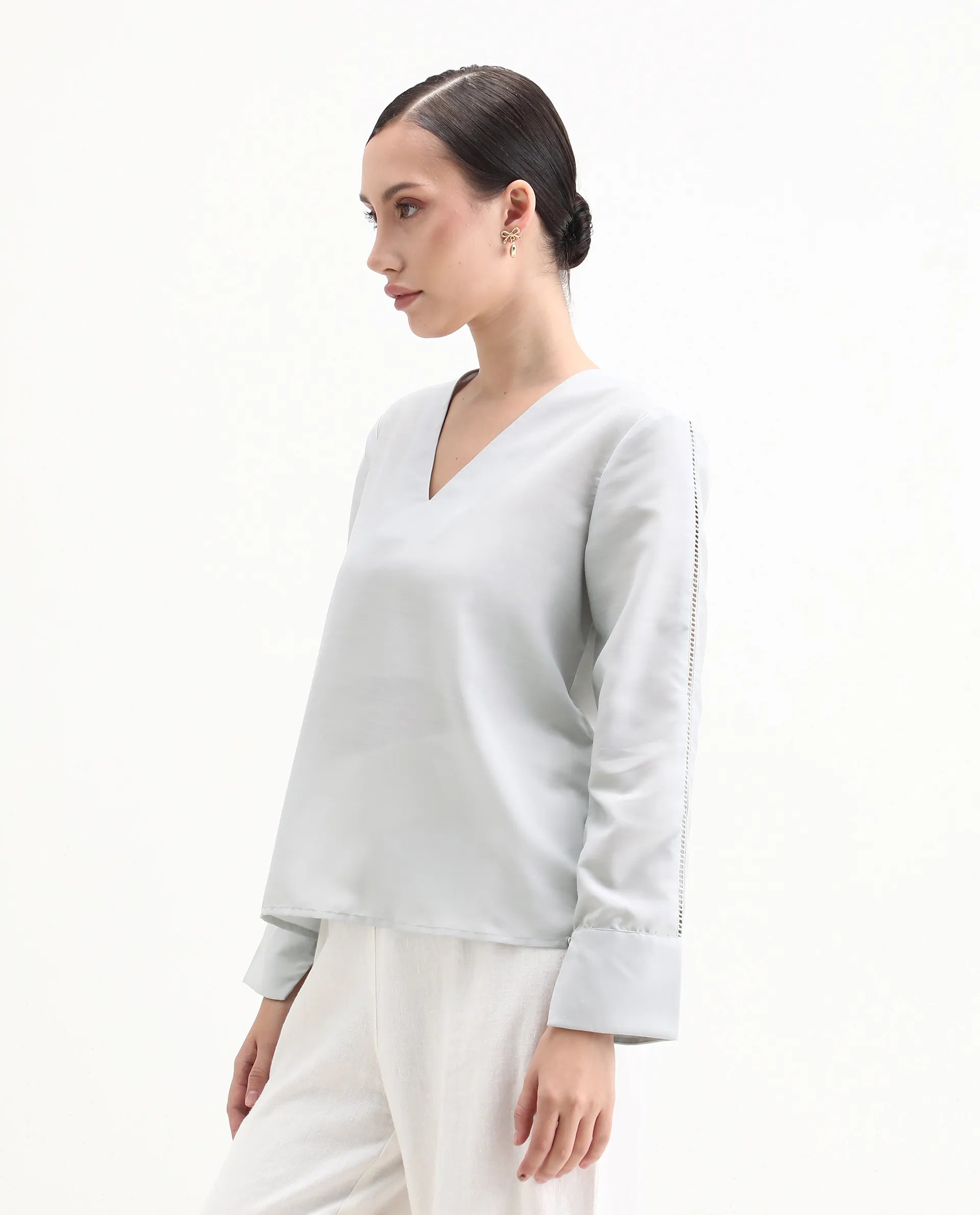 Rareism Women's Elapo Grey Polyester Cuffed Sleeve V-Neck Regular Fit Plain Top