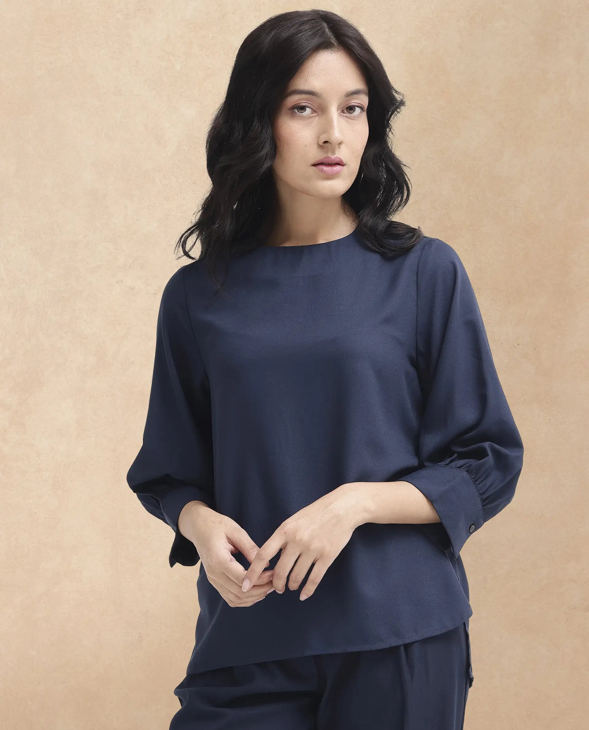 Rareism Women Elara-SC Navy Polyester Fabric Full Sleeve Round Neck Solid Regular Fit Top