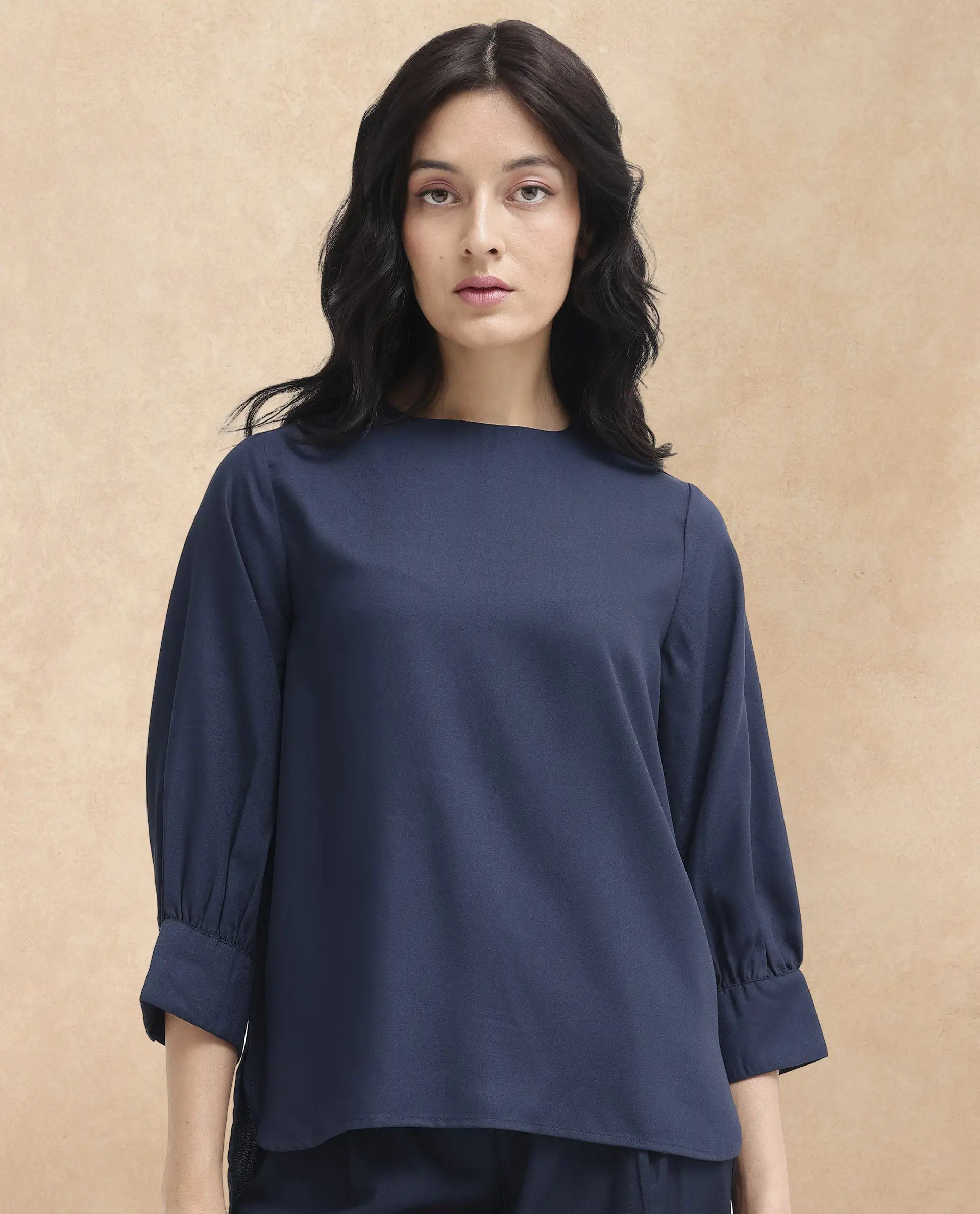 Rareism Women Elara-SC Navy Polyester Fabric Full Sleeve Round Neck Solid Regular Fit Top