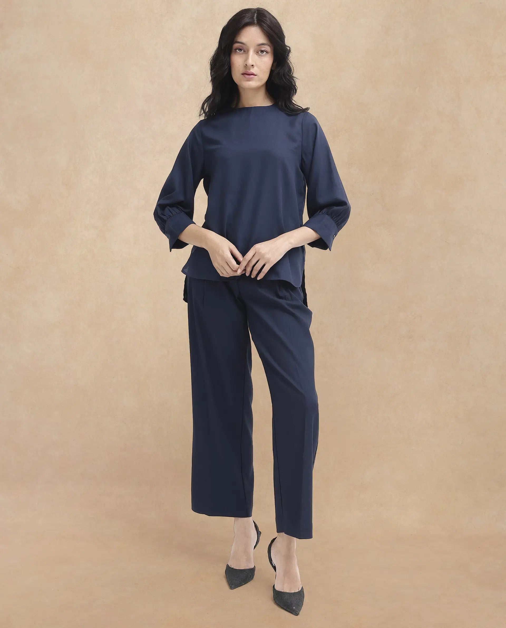 Rareism Women Elara-SC Navy Polyester Fabric Full Sleeve Round Neck Solid Regular Fit Top