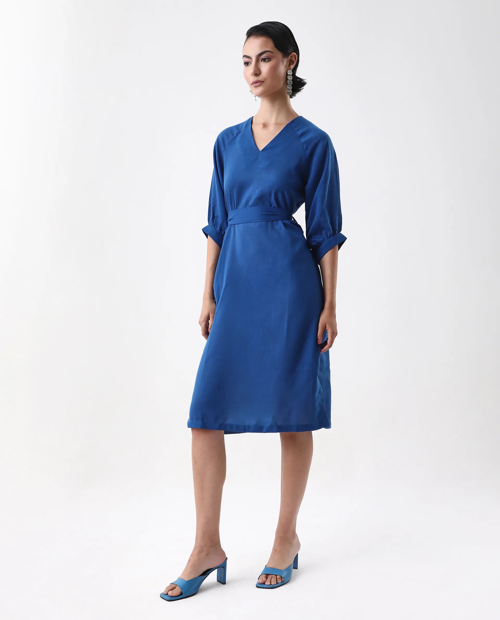 Rareism Women's Elarat Dark Blue Linen V-Neck Plain Bishop Sleeve Midi A-Line Dress