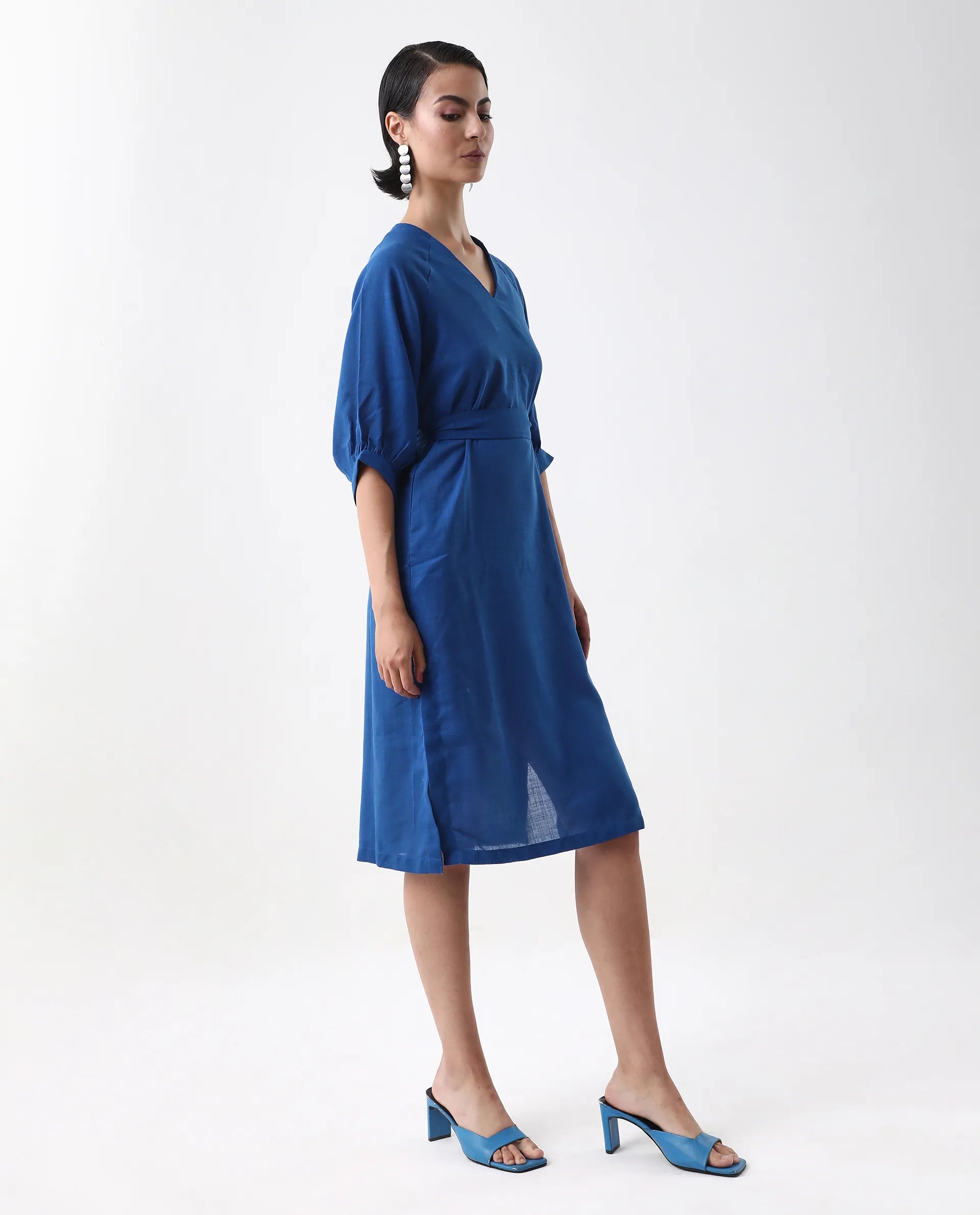 Rareism Women's Elarat Dark Blue Linen V-Neck Plain Bishop Sleeve Midi A-Line Dress