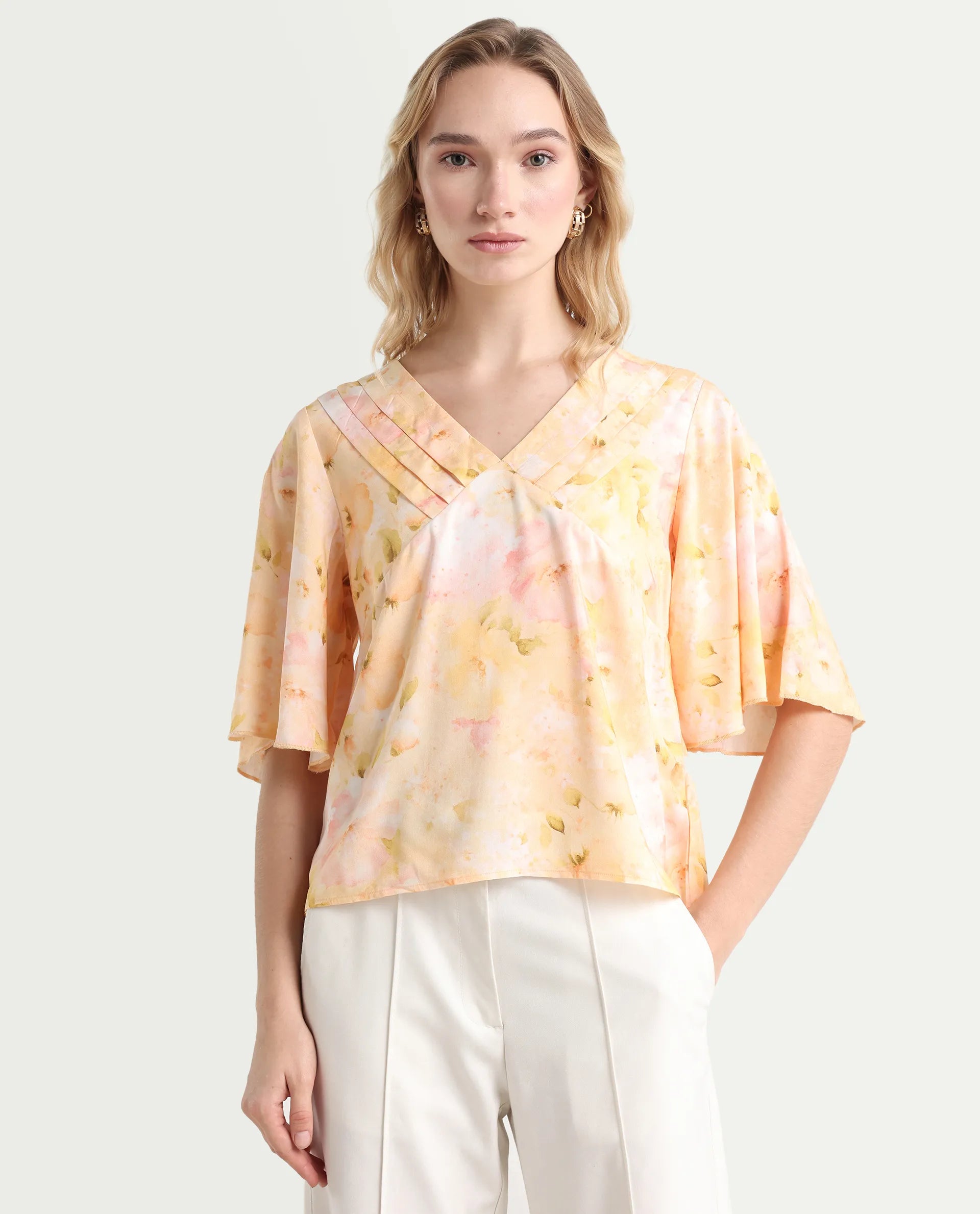 Rareism Women's Elara Yellow Viscose V-Neck Regular Fit Top