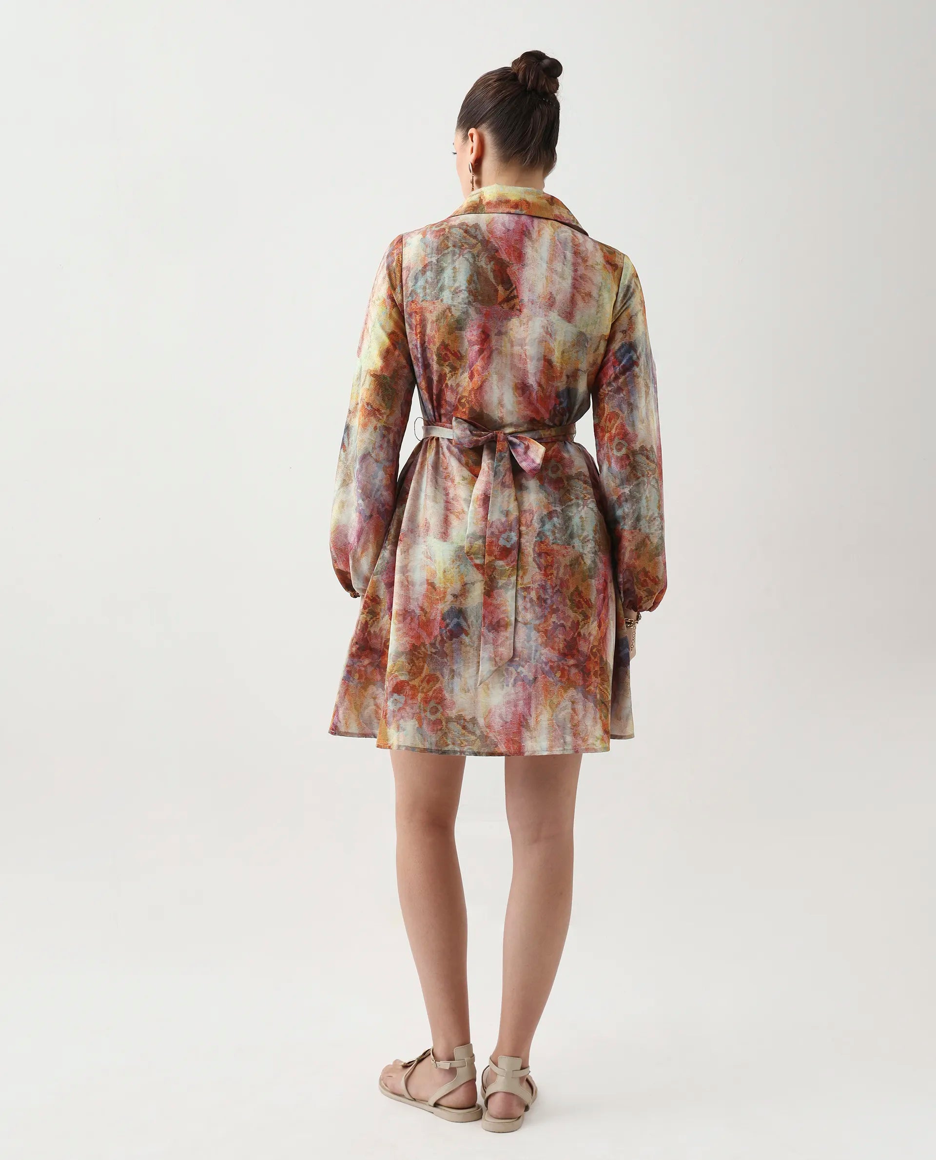 Rareism Women's Elbon Multi Polyester Collared Neck A-Line Printed Dress