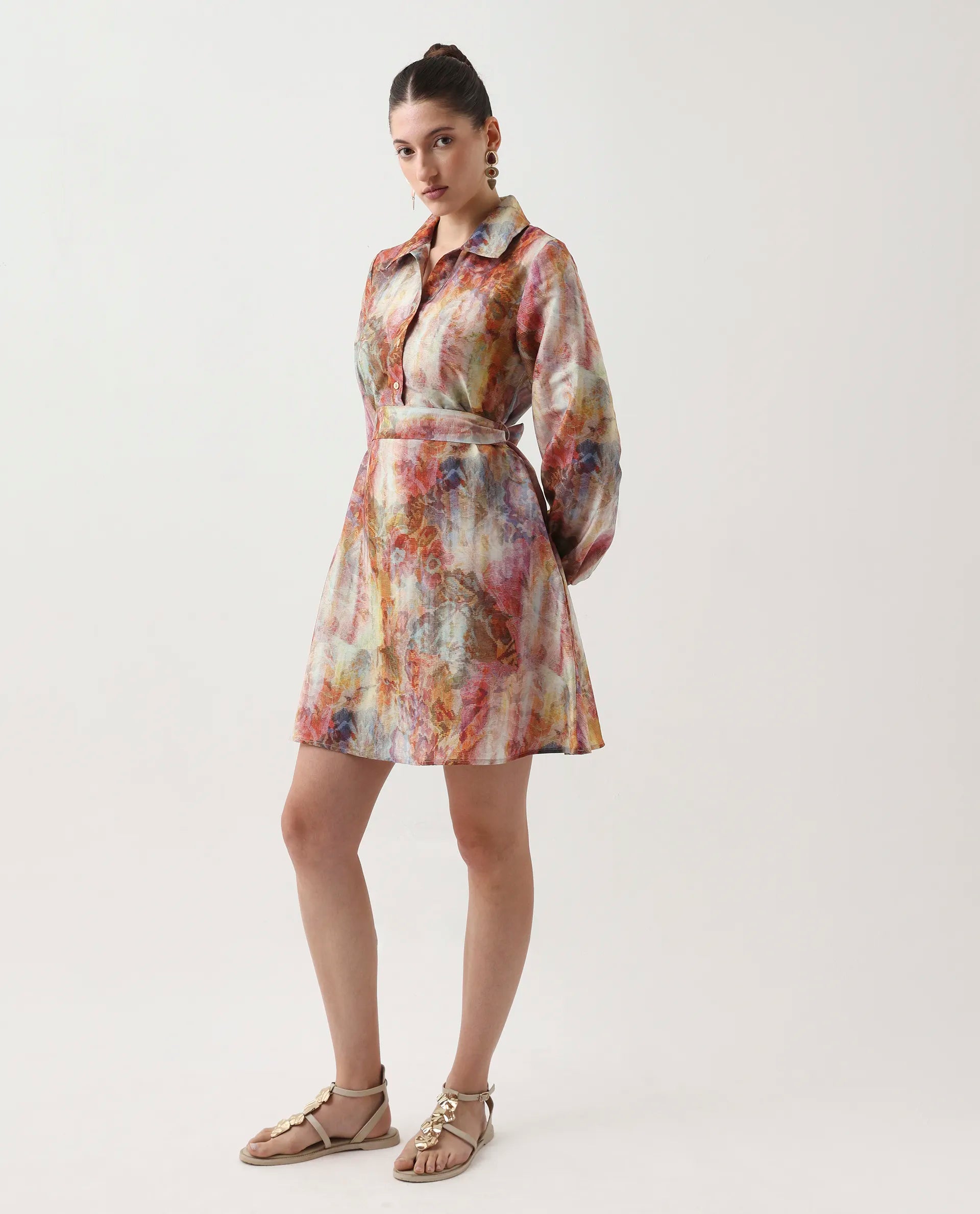 Rareism Women's Elbon Multi Polyester Collared Neck A-Line Printed Dress