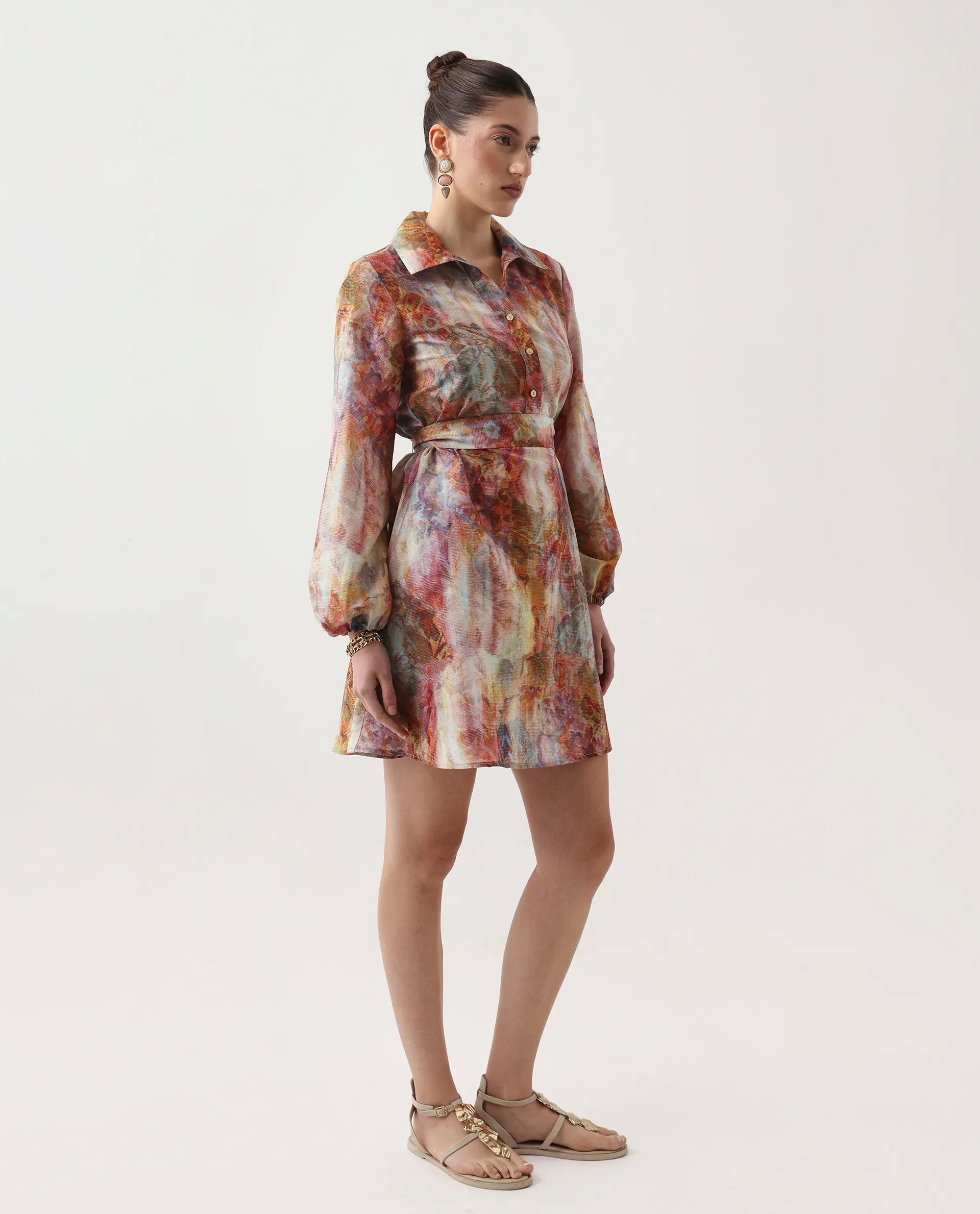 Rareism Women's Elbon Multi Polyester Collared Neck A-Line Printed Dress