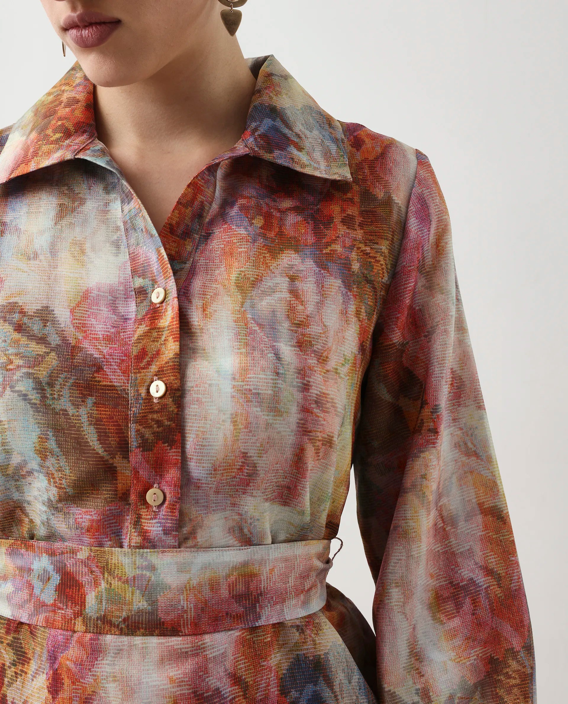 Rareism Women's Elbon Multi Polyester Collared Neck A-Line Printed Dress