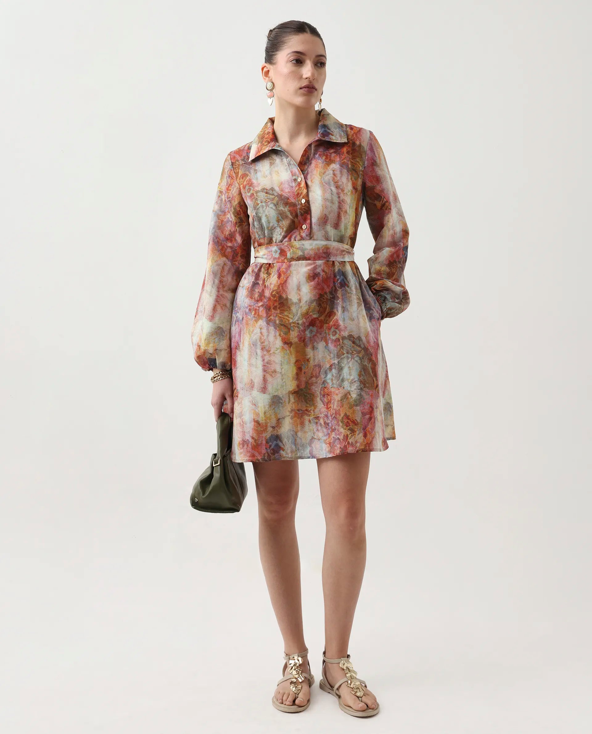 Rareism Women's Elbon Multi Polyester Collared Neck A-Line Printed Dress