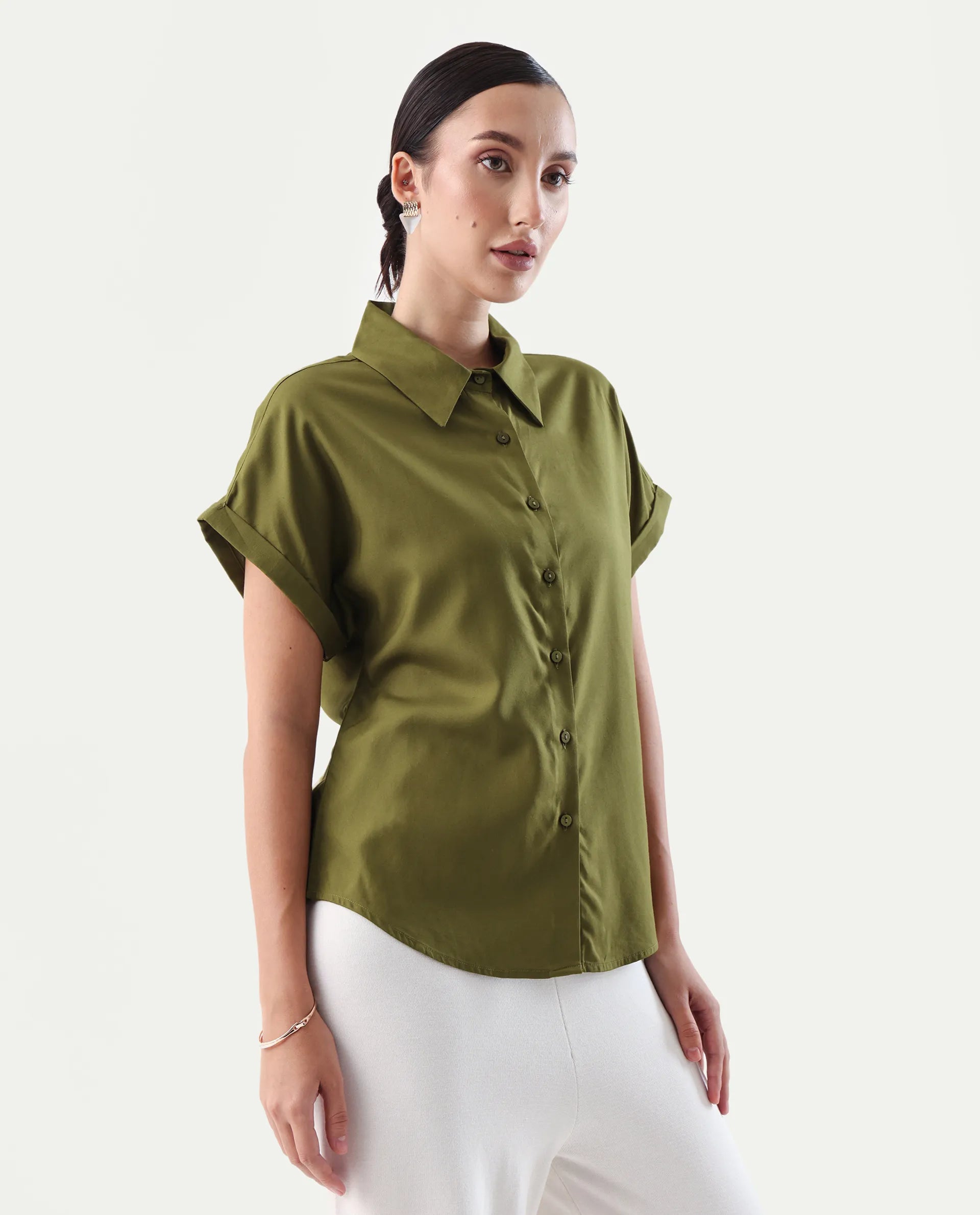 Rareism Women's Elcee Olive Viscose Collared Neck Regular Fit Shirt