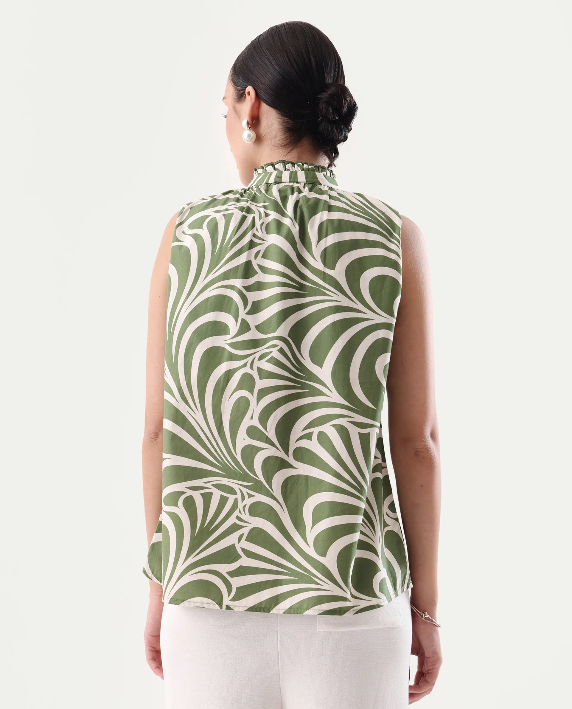 Rareism Women's Elcie Olive Cotton Mandarin Collar Regular Fit Top