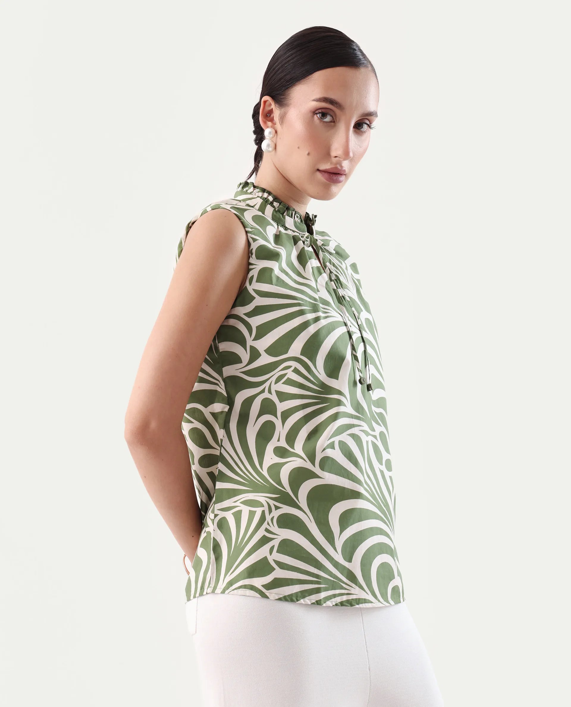 Rareism Women's Elcie Olive Cotton Mandarin Collar Regular Fit Top