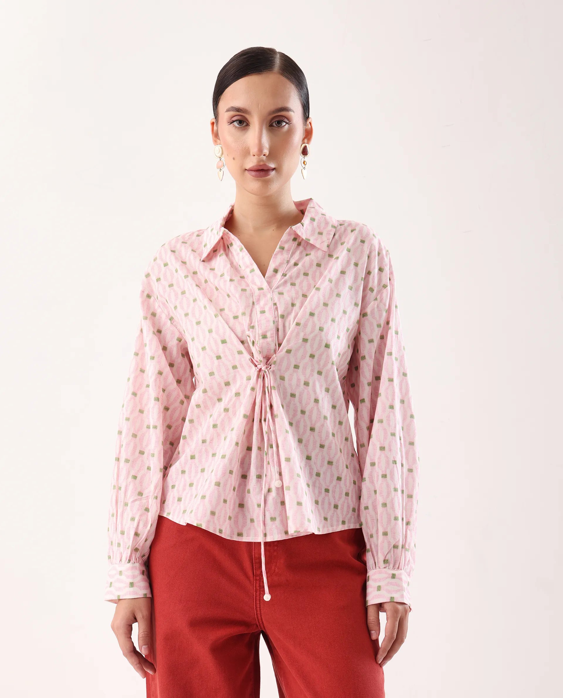 Rareism Women's Eldan Pink Cotton Collared Neck Relaxed Fit Top