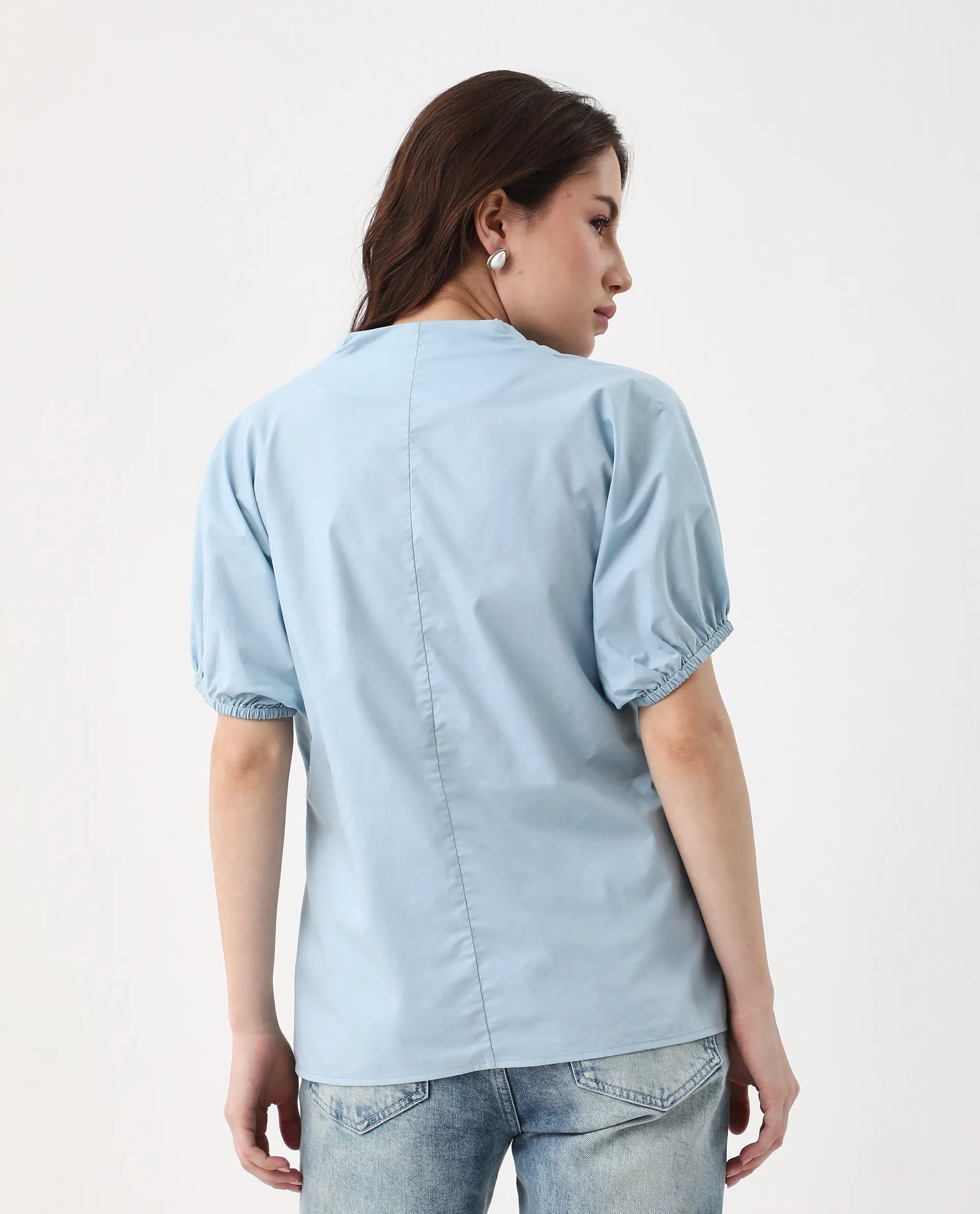 Rareism Women's Eldee Blue Cotton V-Neck Regular Fit Plain Top