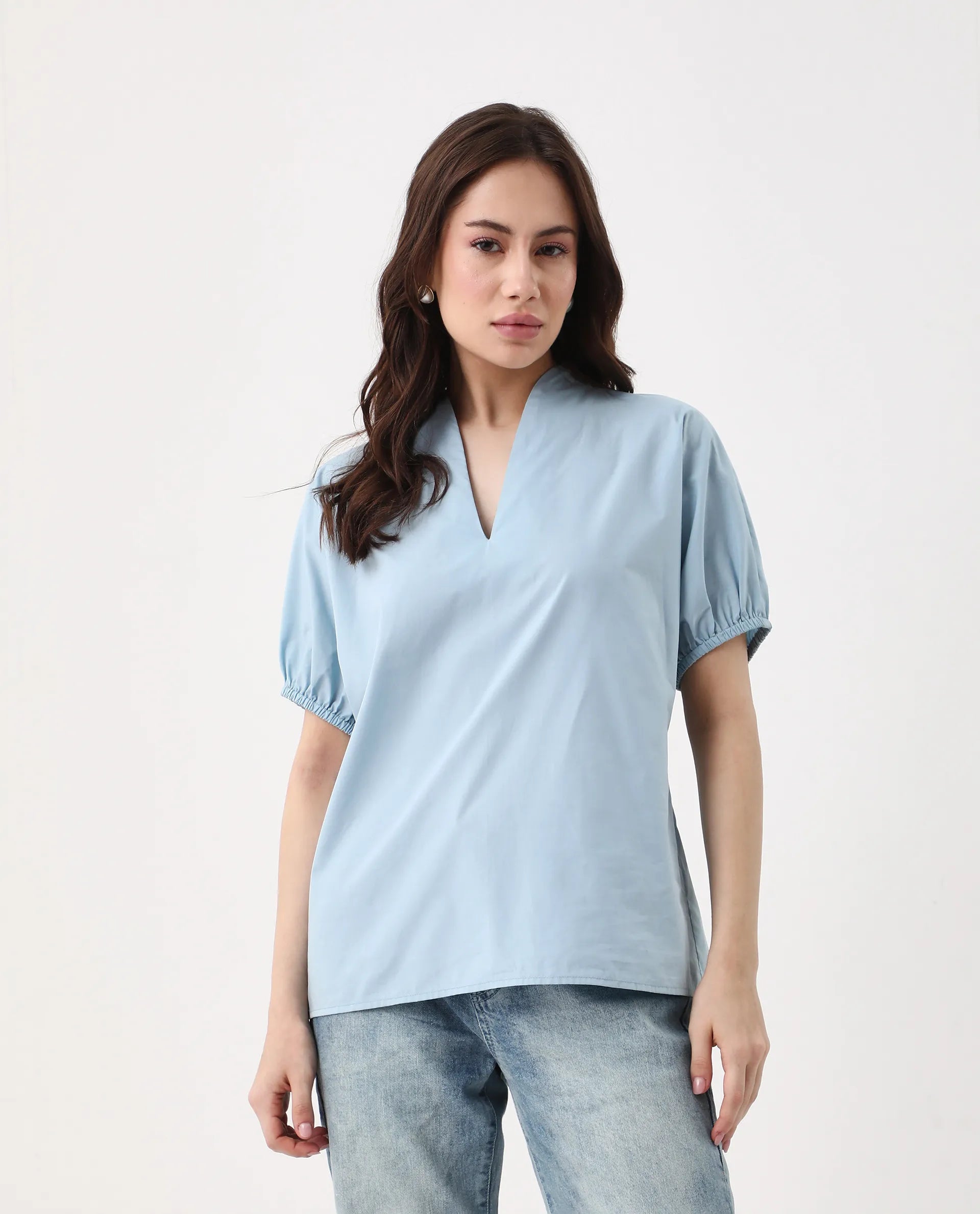 Rareism Women's Eldee Blue Cotton V-Neck Regular Fit Plain Top