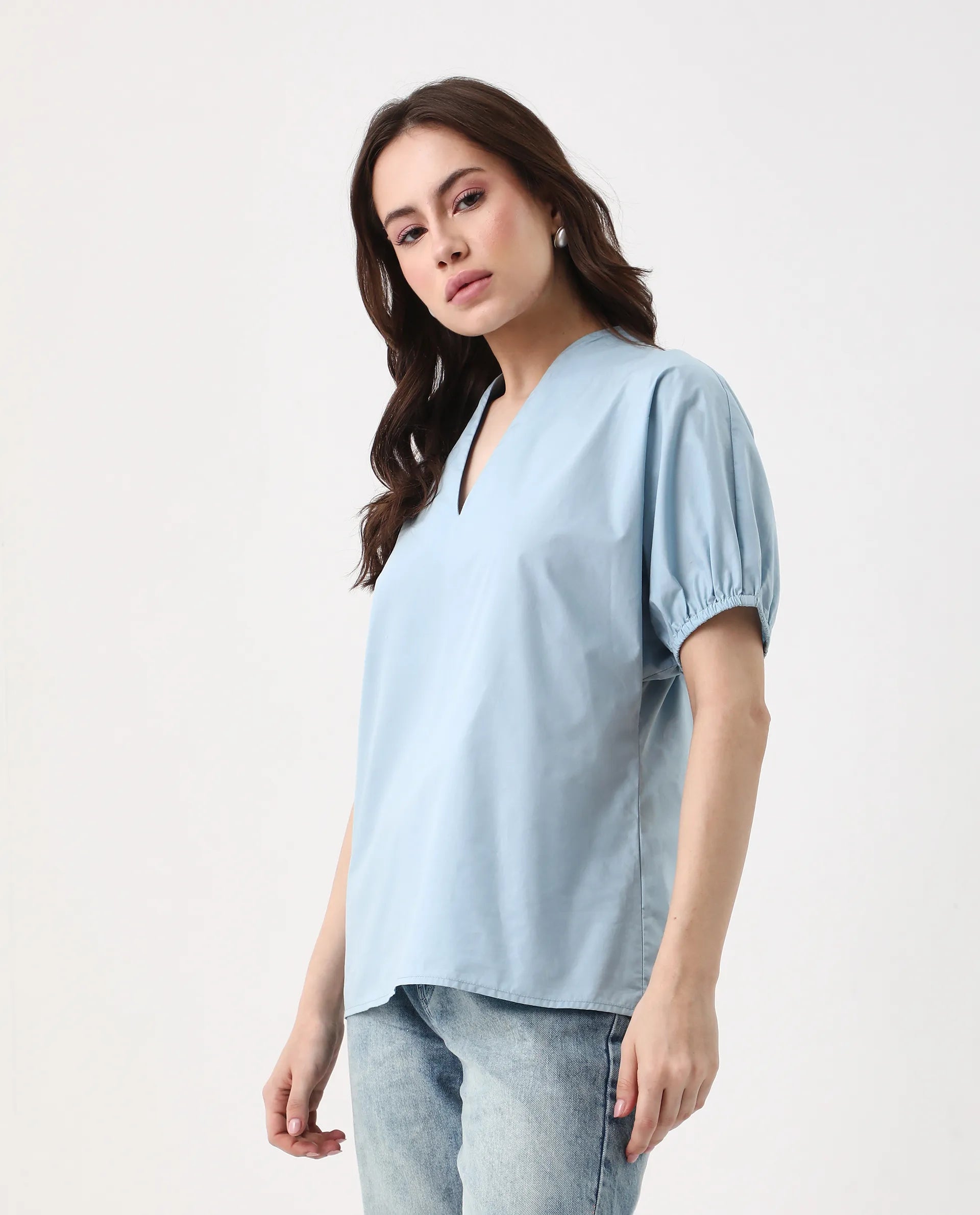 Rareism Women's Eldee Blue Cotton V-Neck Regular Fit Plain Top