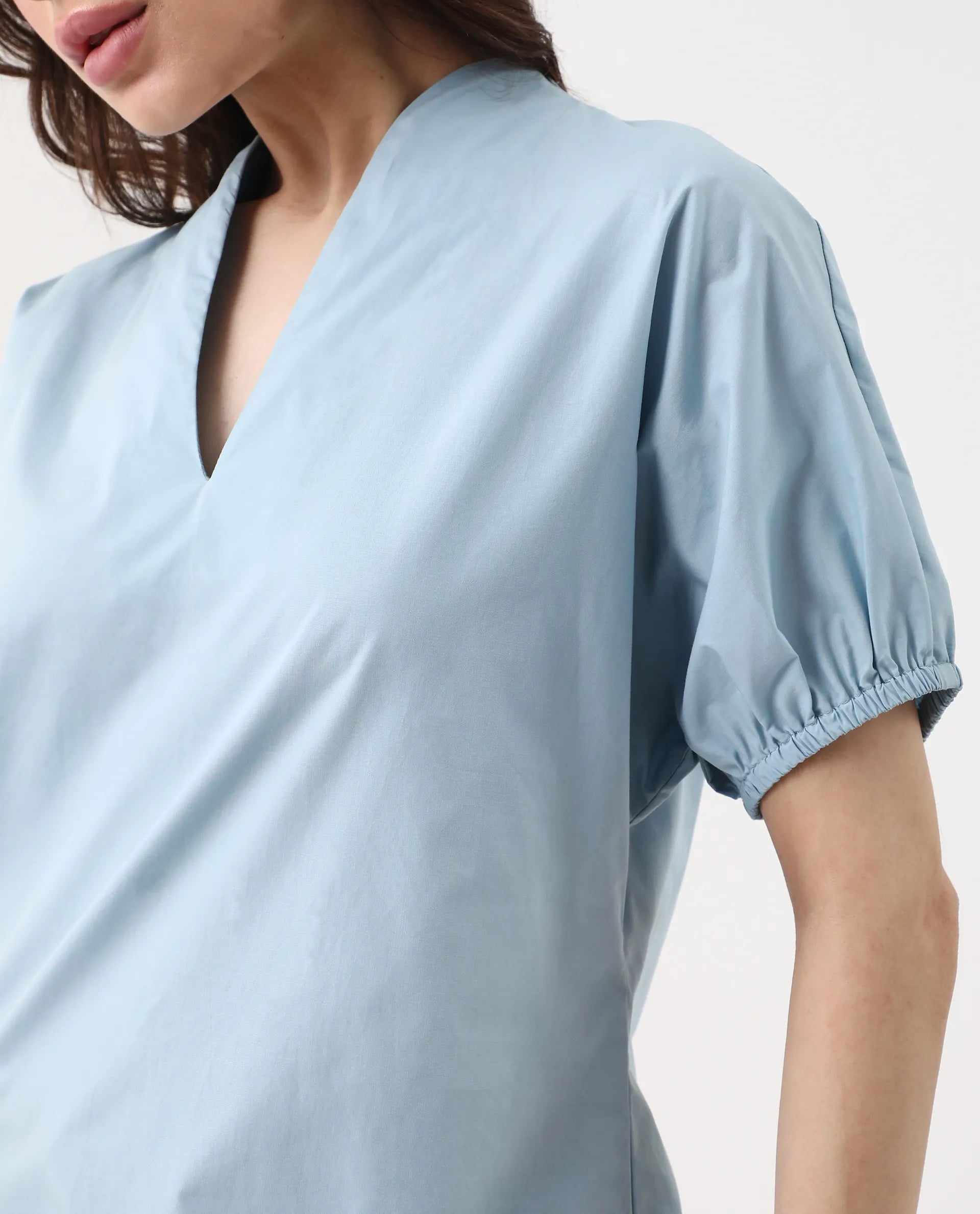 Rareism Women's Eldee Blue Cotton V-Neck Regular Fit Plain Top