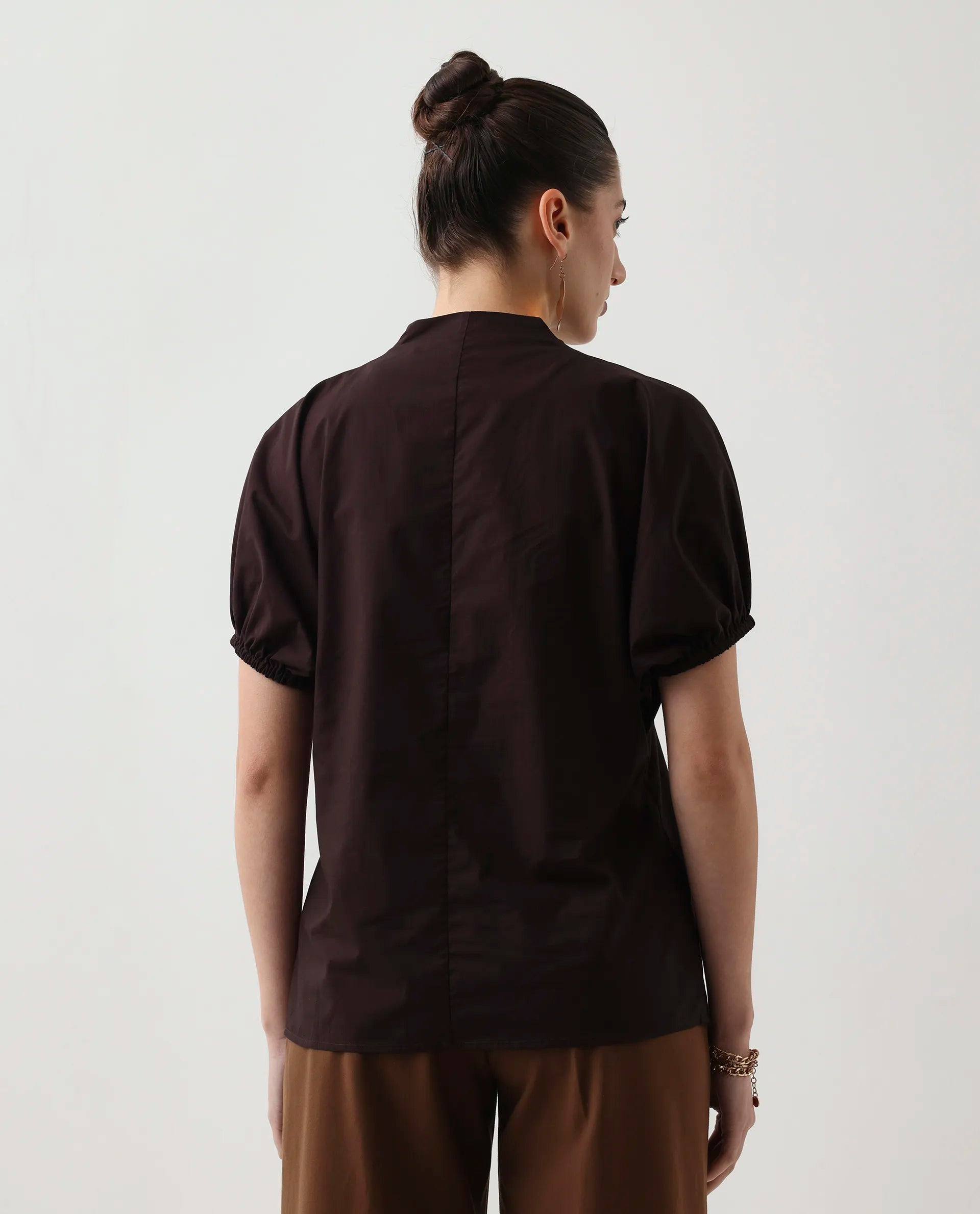 Rareism Women's Eldee Brown Cotton Extended Sleeves V-Neck Regular Fit Plain Top