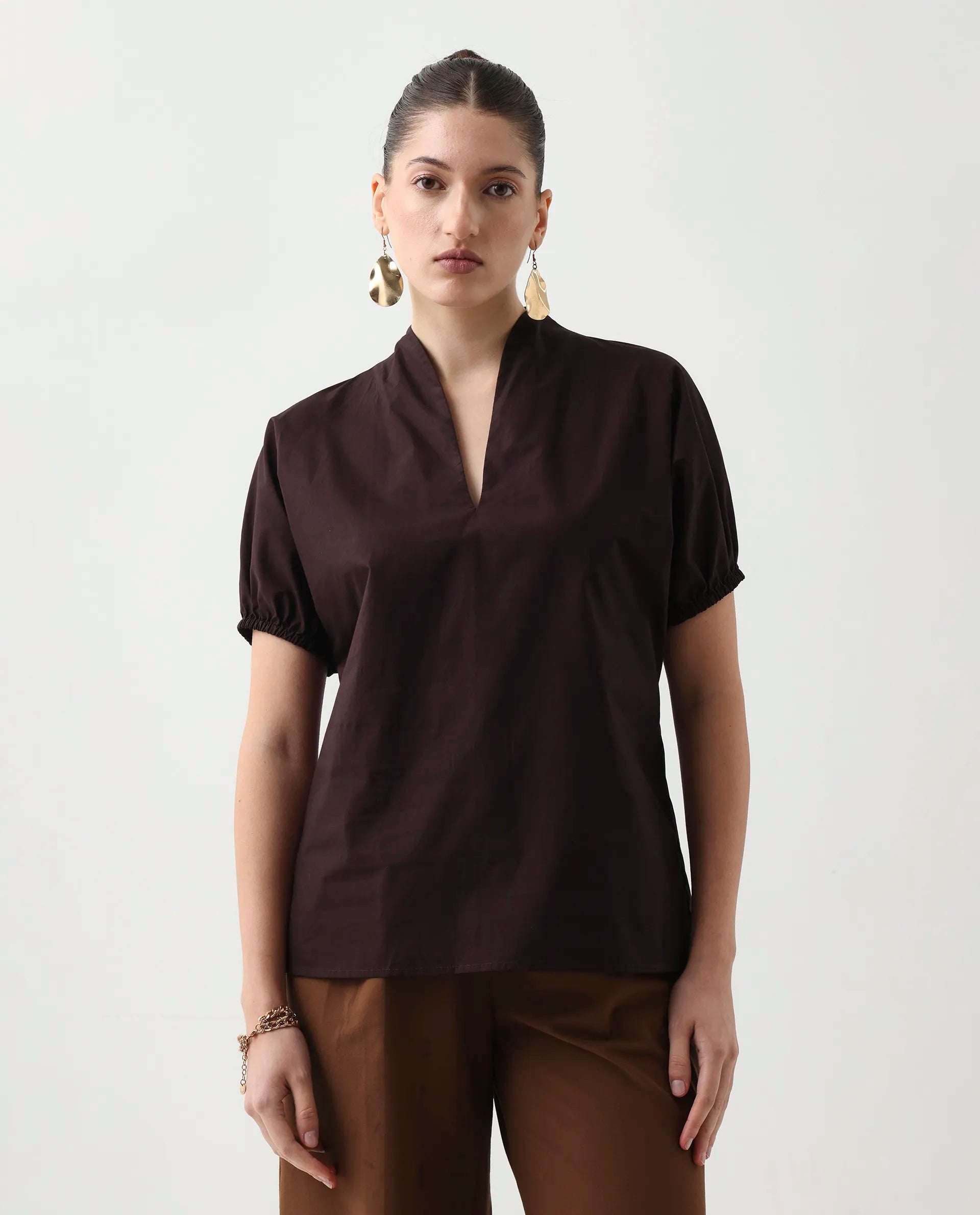 Rareism Women's Eldee Brown Cotton Extended Sleeves V-Neck Regular Fit Plain Top