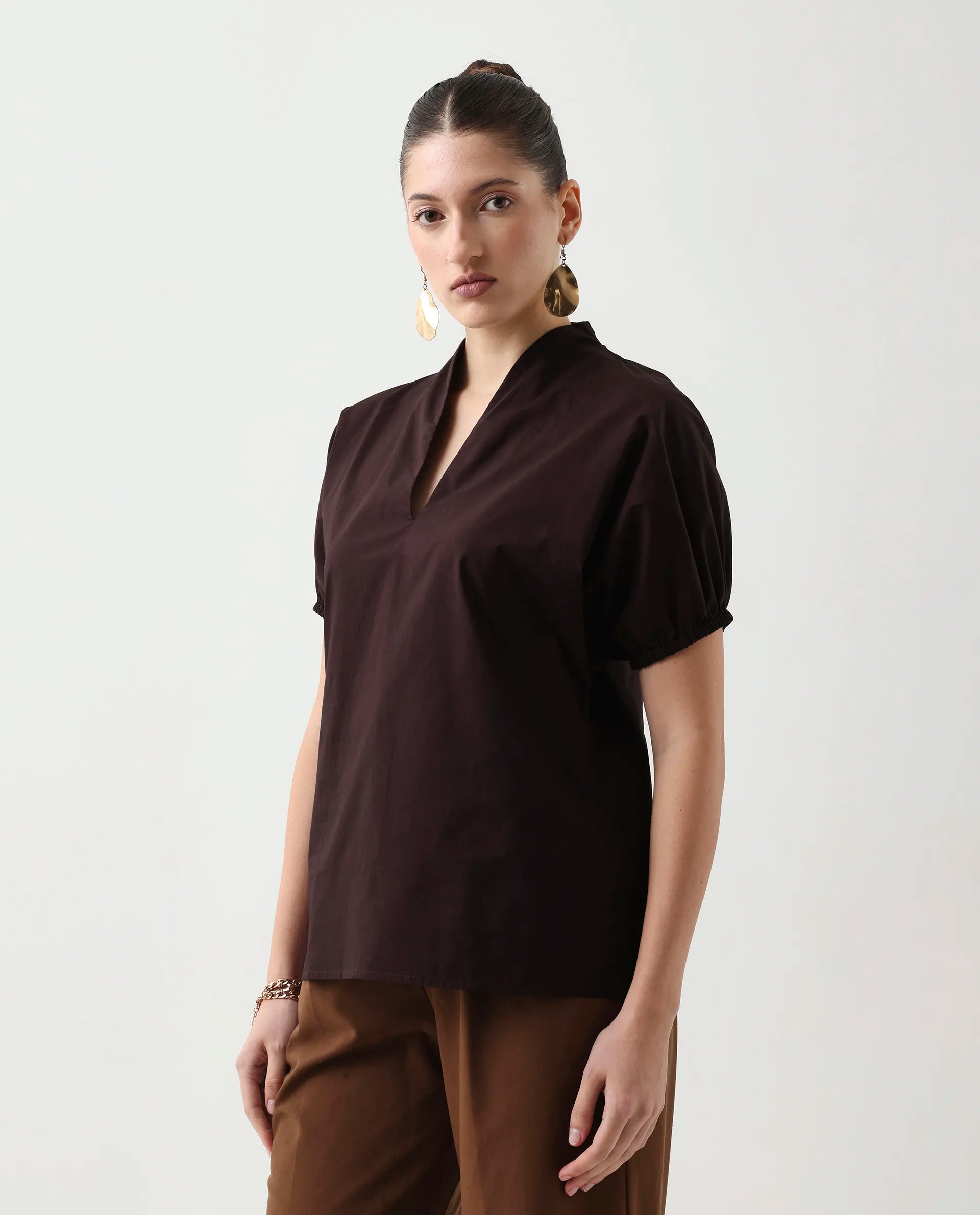 Rareism Women's Eldee Brown Cotton Extended Sleeves V-Neck Regular Fit Plain Top
