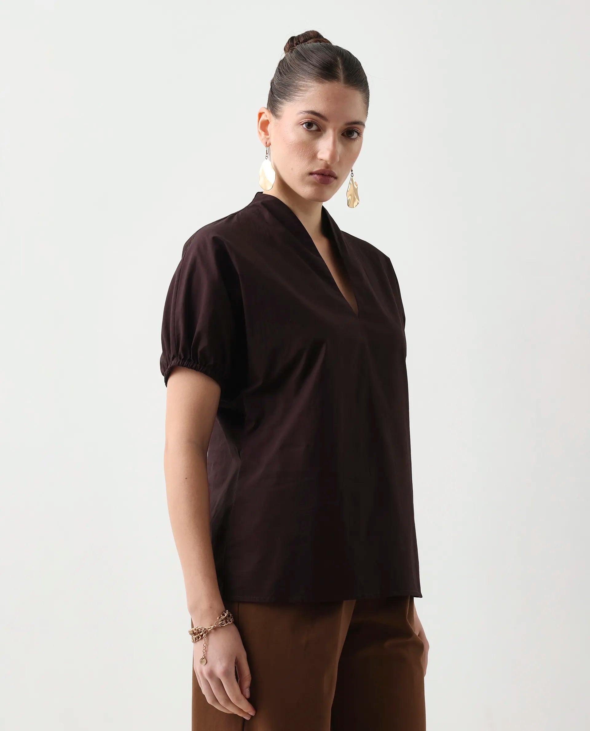 Rareism Women's Eldee Brown Cotton Extended Sleeves V-Neck Regular Fit Plain Top