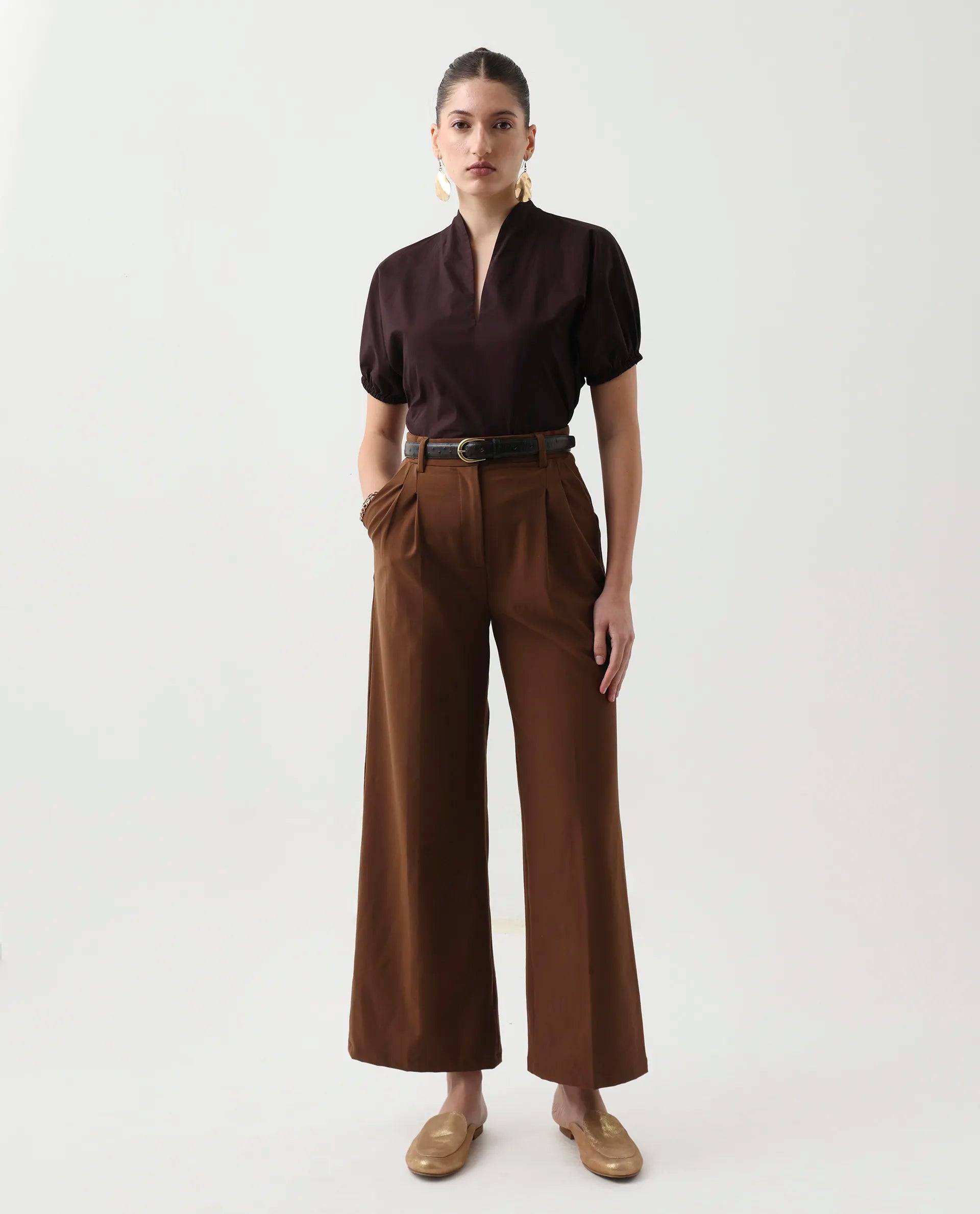 Rareism Women's Eldee Brown Cotton Extended Sleeves V-Neck Regular Fit Plain Top