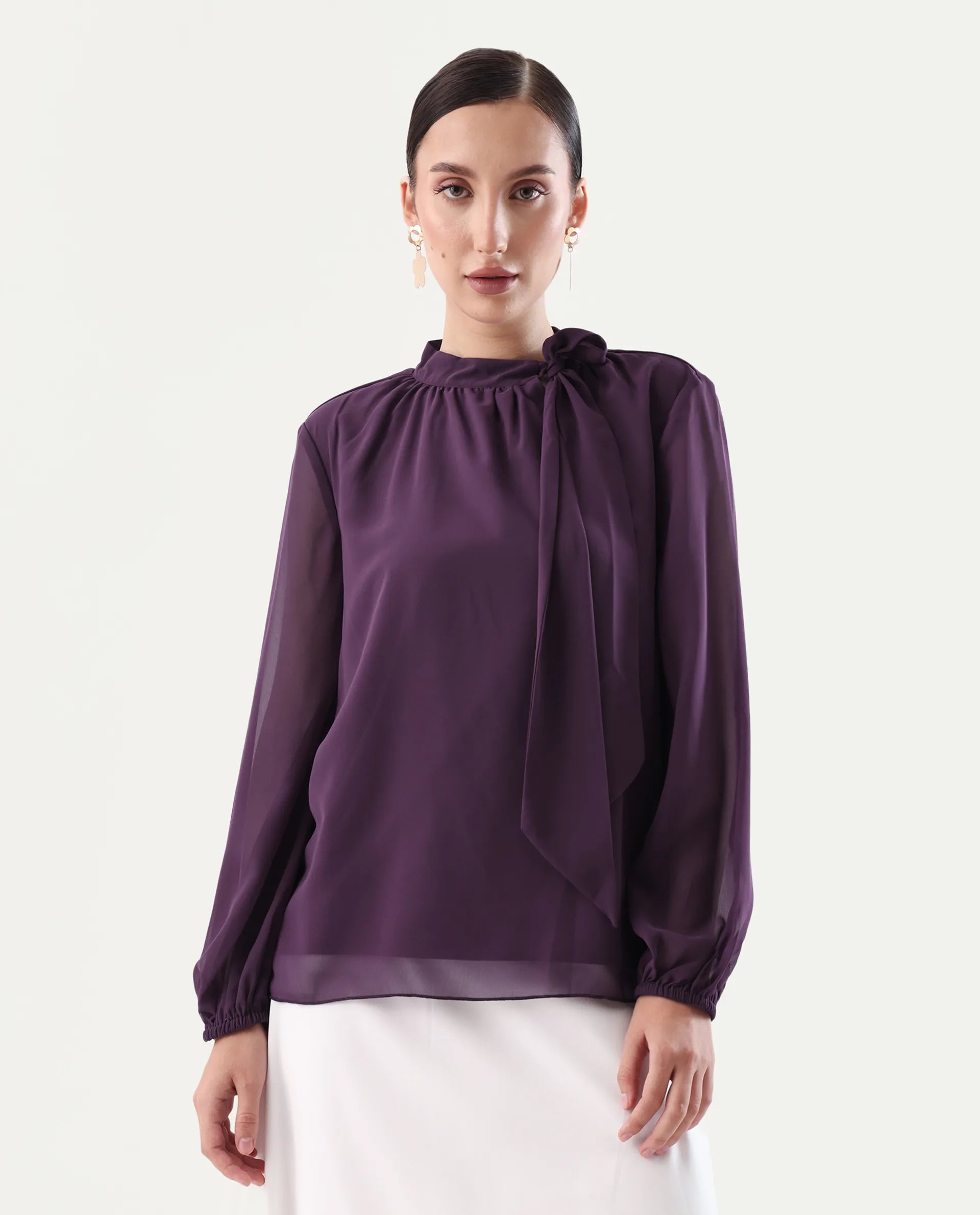 Rareism Women's Elden Maroon Polyester Tie-Up Neck Regular Fit Plain Top