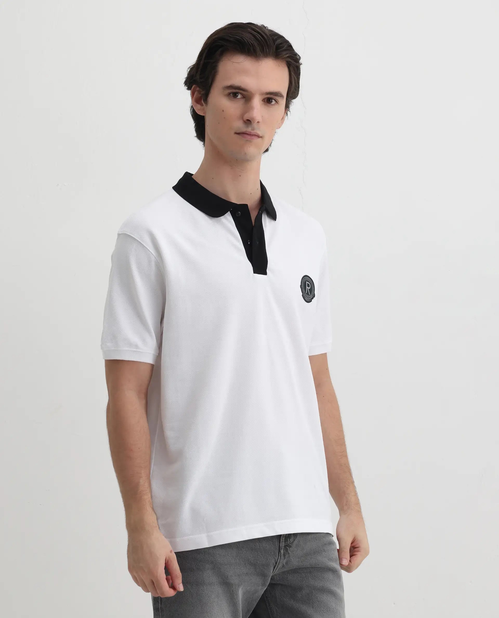 Rare Rabbit Men's Eldon White Cotton Plain Regular Fit Half Sleeve Polo