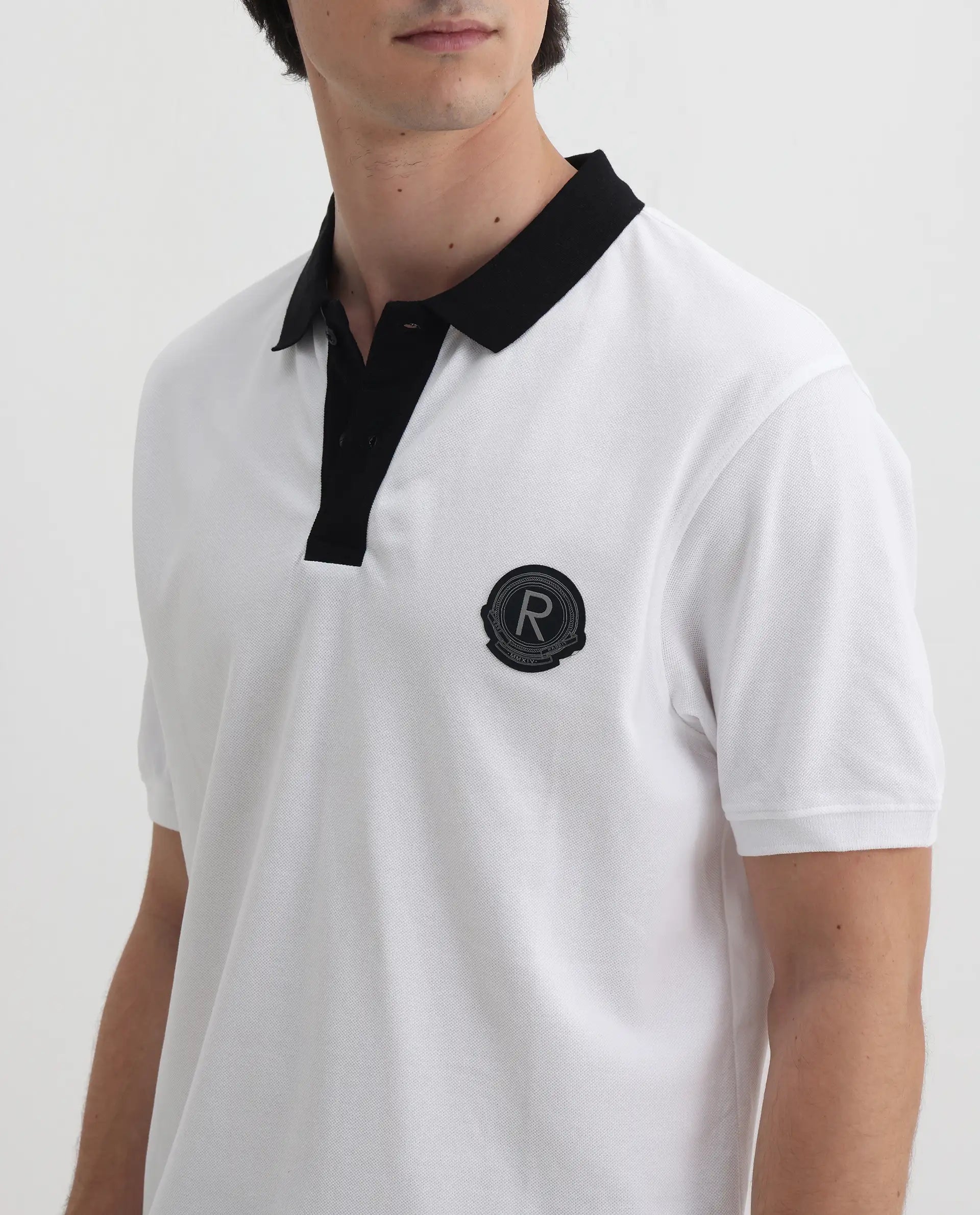 Rare Rabbit Men's Eldon White Cotton Plain Regular Fit Half Sleeve Polo