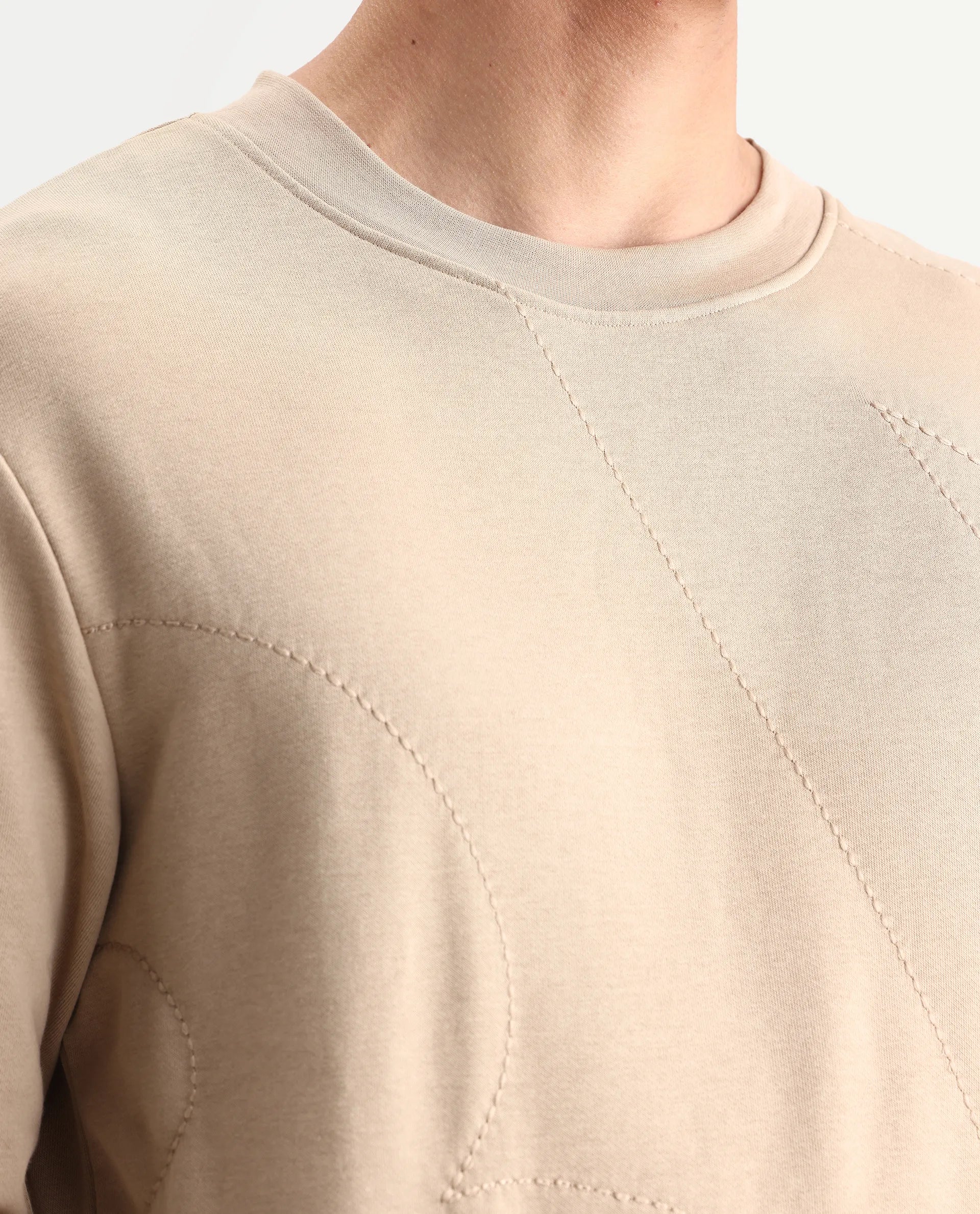 Rare Rabbit Men's Eldron Dusky Beige Cotton Embroidered Regular Fit Full Sleeve Crew Neck Sweatshirt