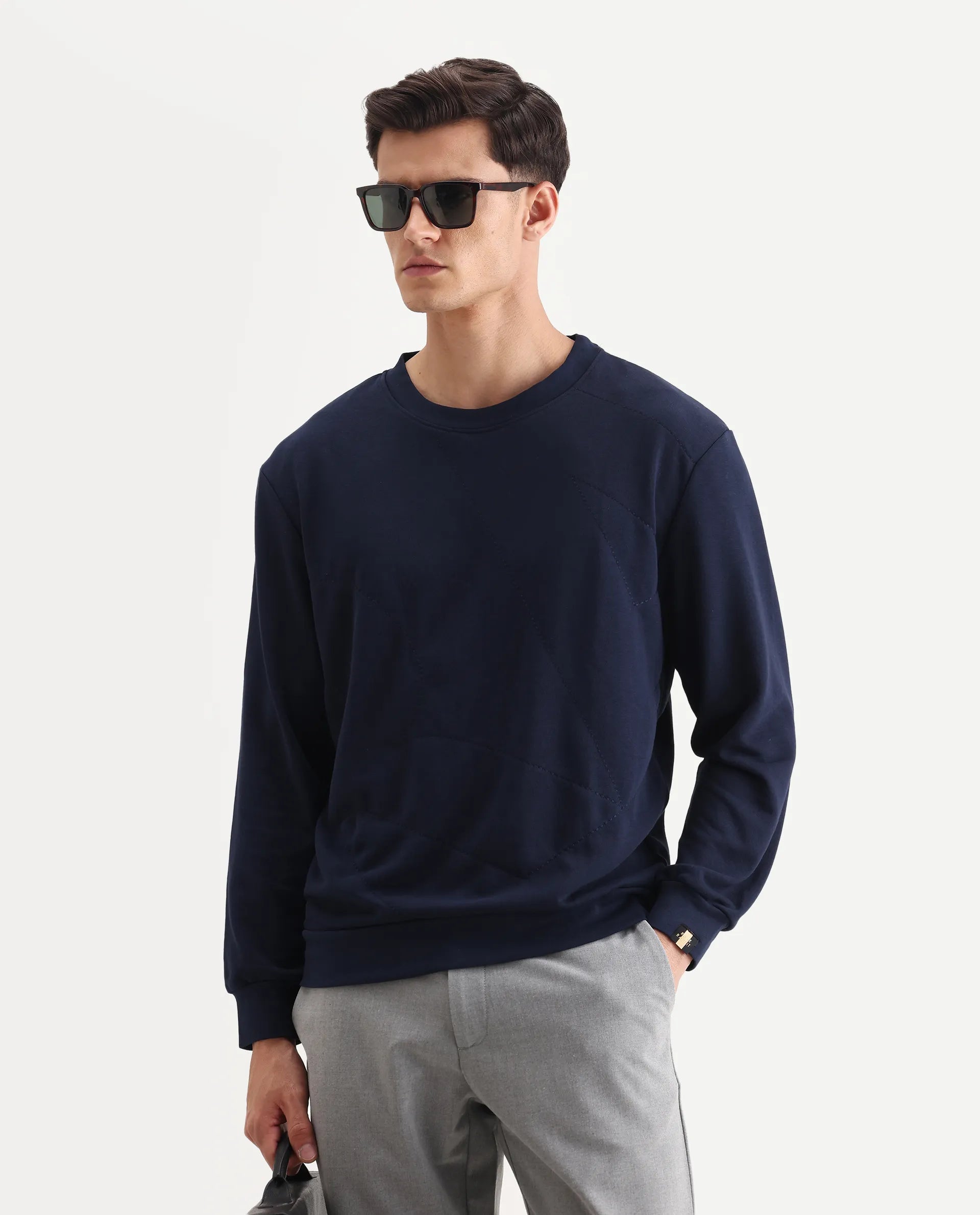 Rare Rabbit Men's Eldron Navy Cotton Embroidered Regular Fit Full Sleeve Crew Neck Sweatshirt