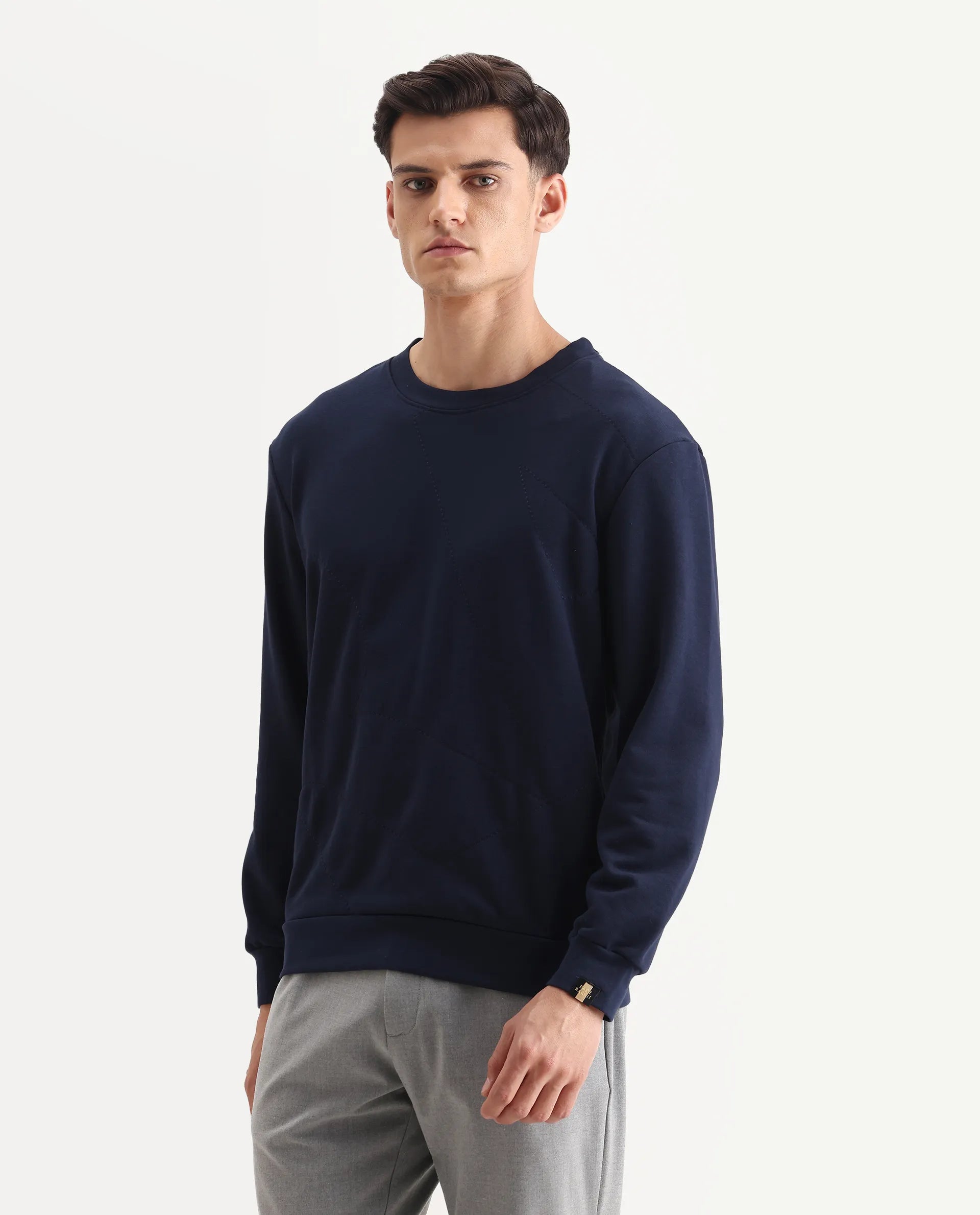 Rare Rabbit Men's Eldron Navy Cotton Embroidered Regular Fit Full Sleeve Crew Neck Sweatshirt