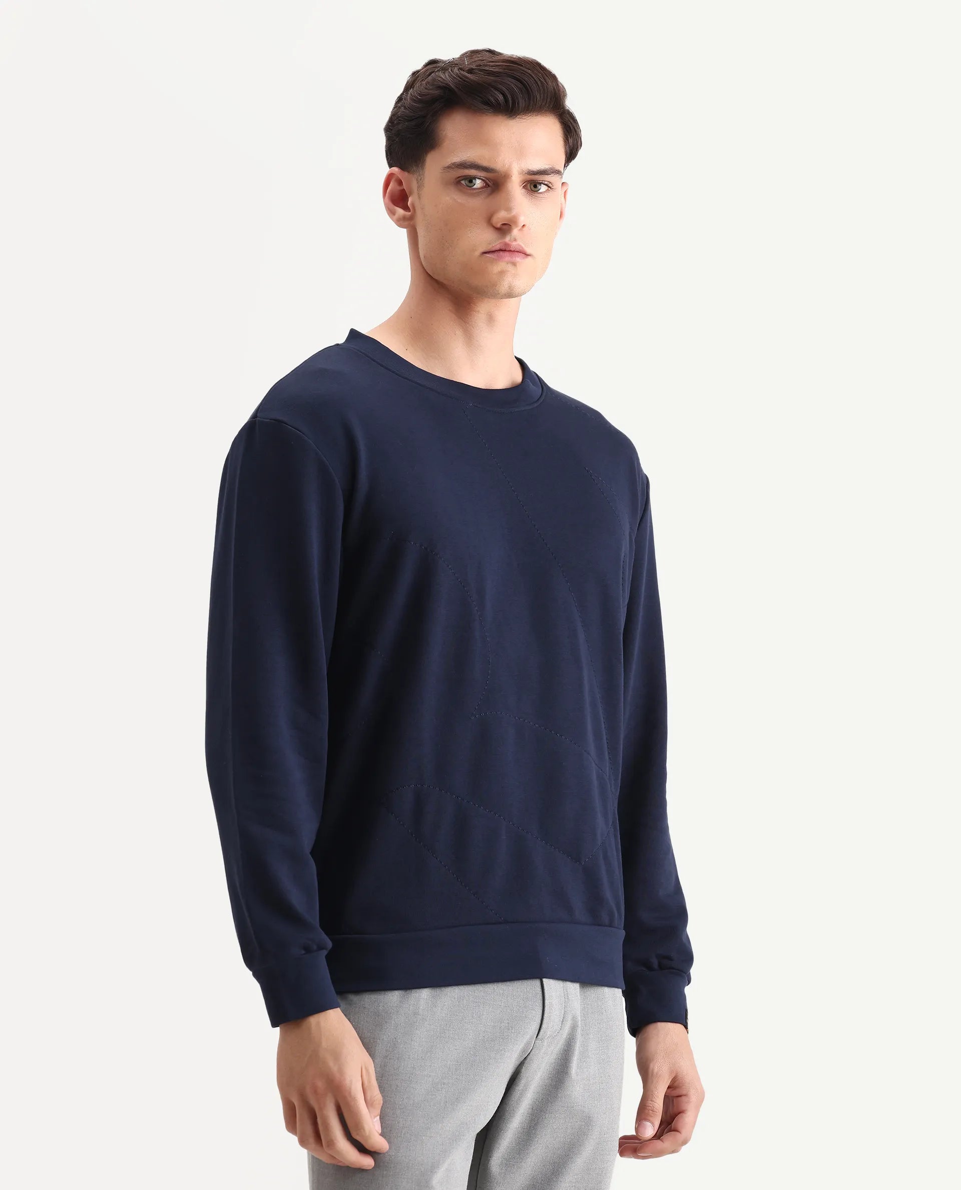 Rare Rabbit Men's Eldron Navy Cotton Embroidered Regular Fit Full Sleeve Crew Neck Sweatshirt