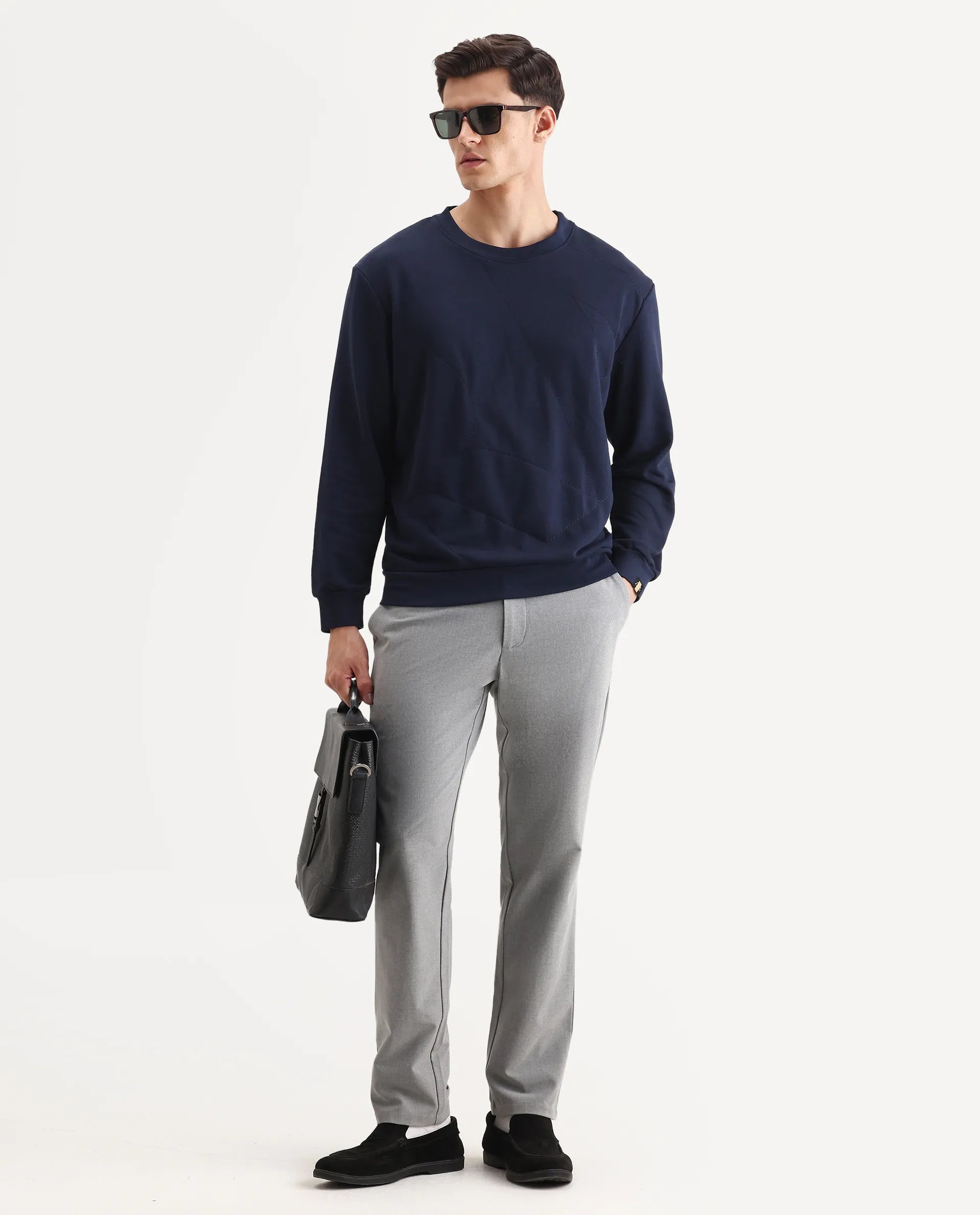 Rare Rabbit Men's Eldron Navy Cotton Embroidered Regular Fit Full Sleeve Crew Neck Sweatshirt