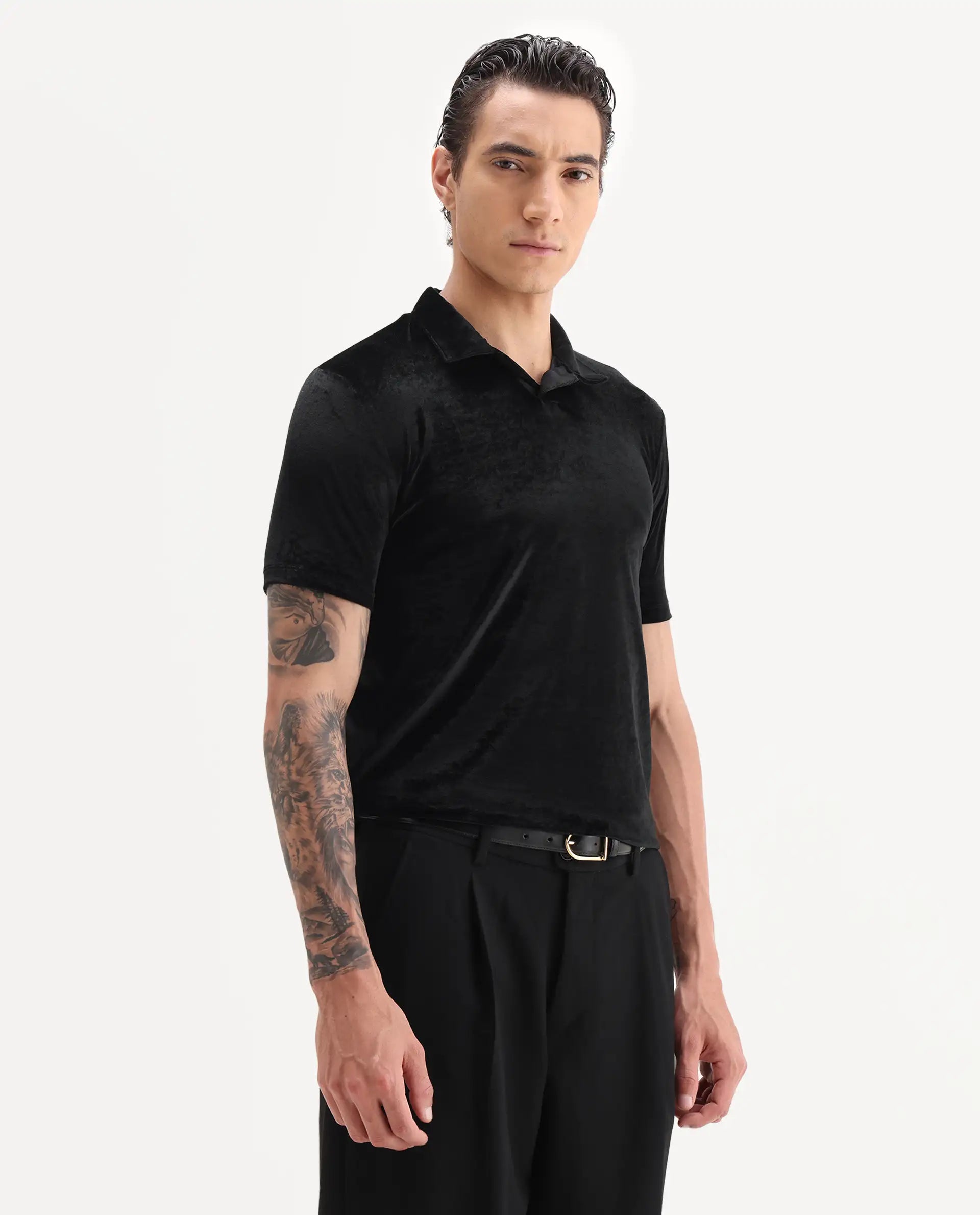 Rare Rabbit Men's Electro Black Velvet Plain Regular Fit Half Sleeve Polo
