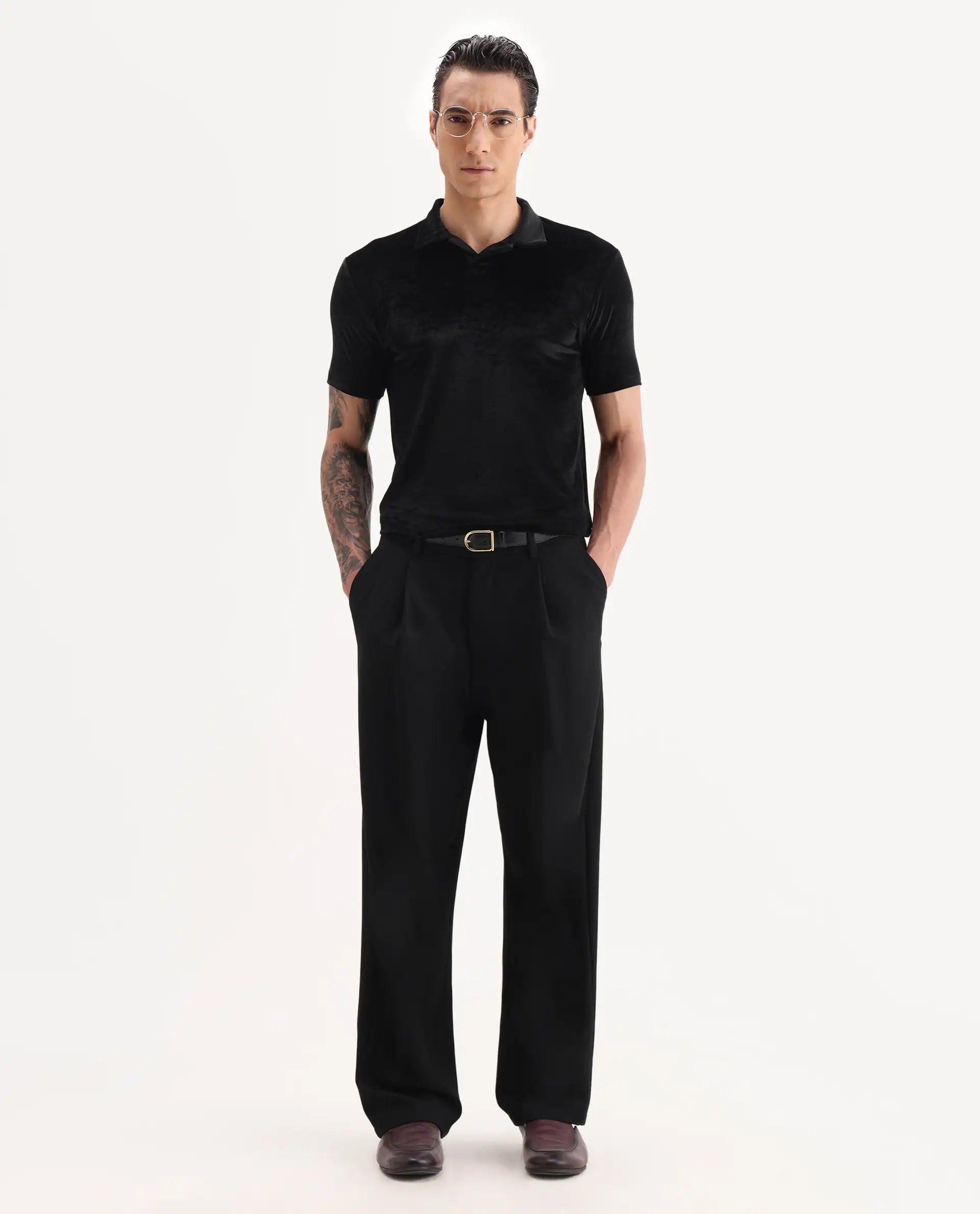 Rare Rabbit Men's Electro Black Velvet Plain Regular Fit Half Sleeve Polo