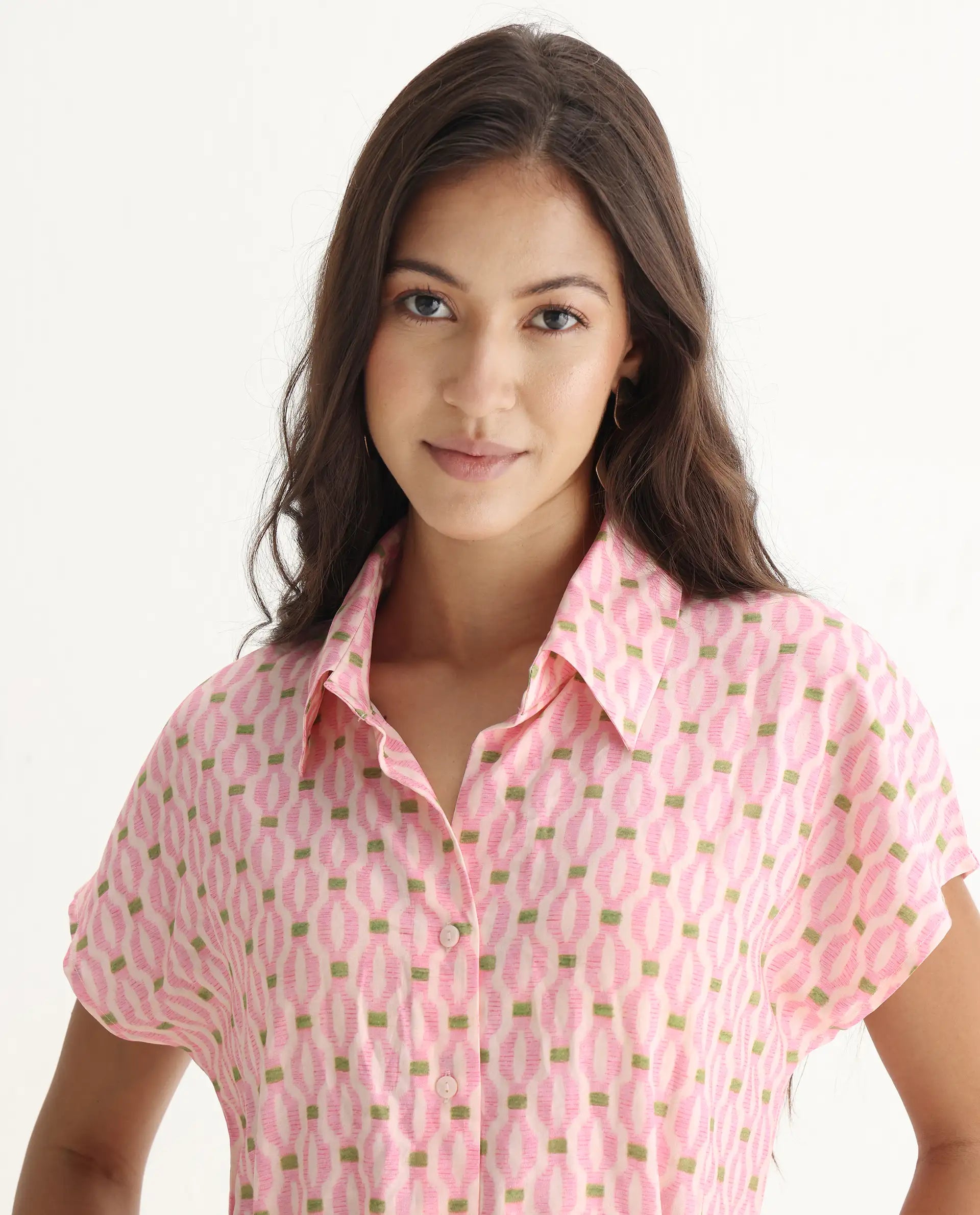 Rareism Women's Eleen Pink Cotton Collared Neck A-Line Printed Midi Dress