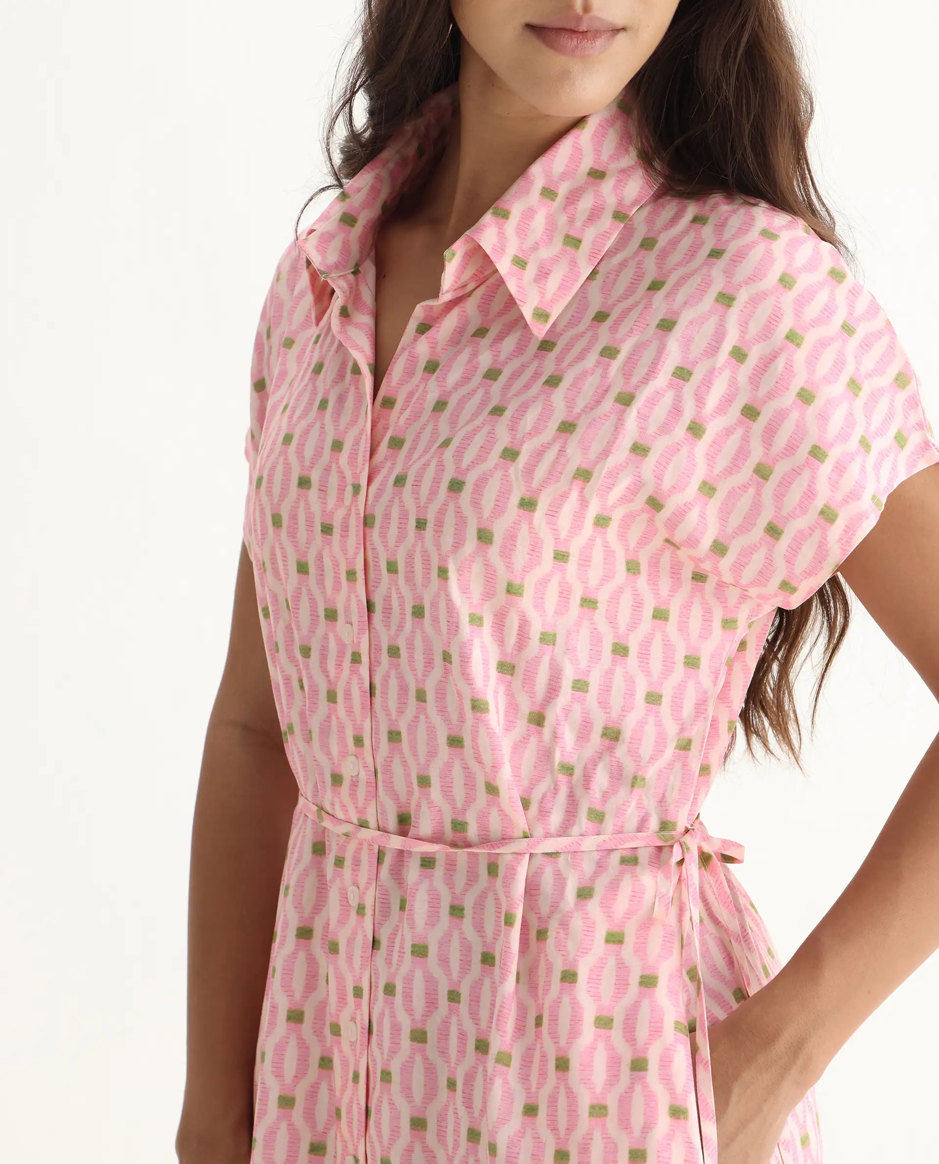 Rareism Women's Eleen Pink Cotton Collared Neck A-Line Printed Midi Dress