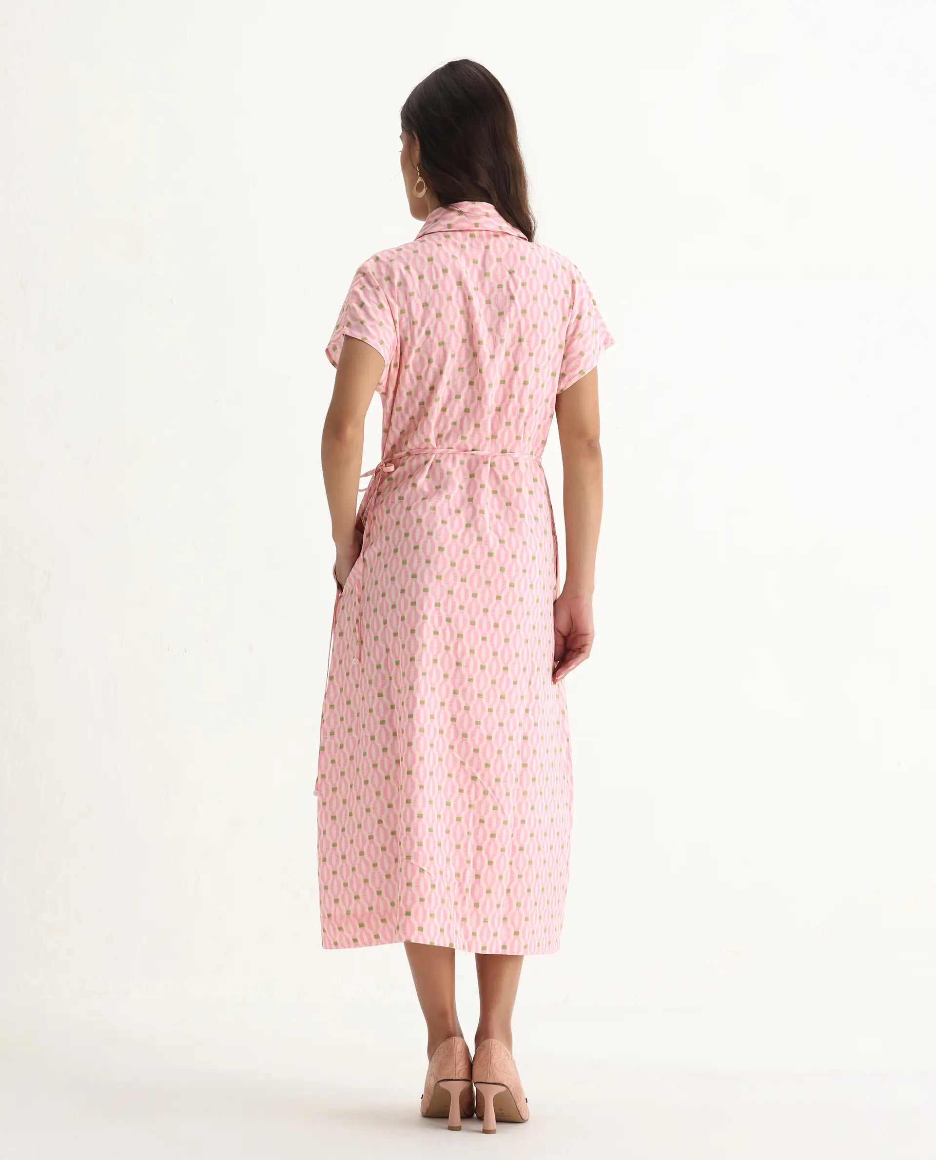 Rareism Women's Eleen Pink Cotton Collared Neck A-Line Printed Midi Dress